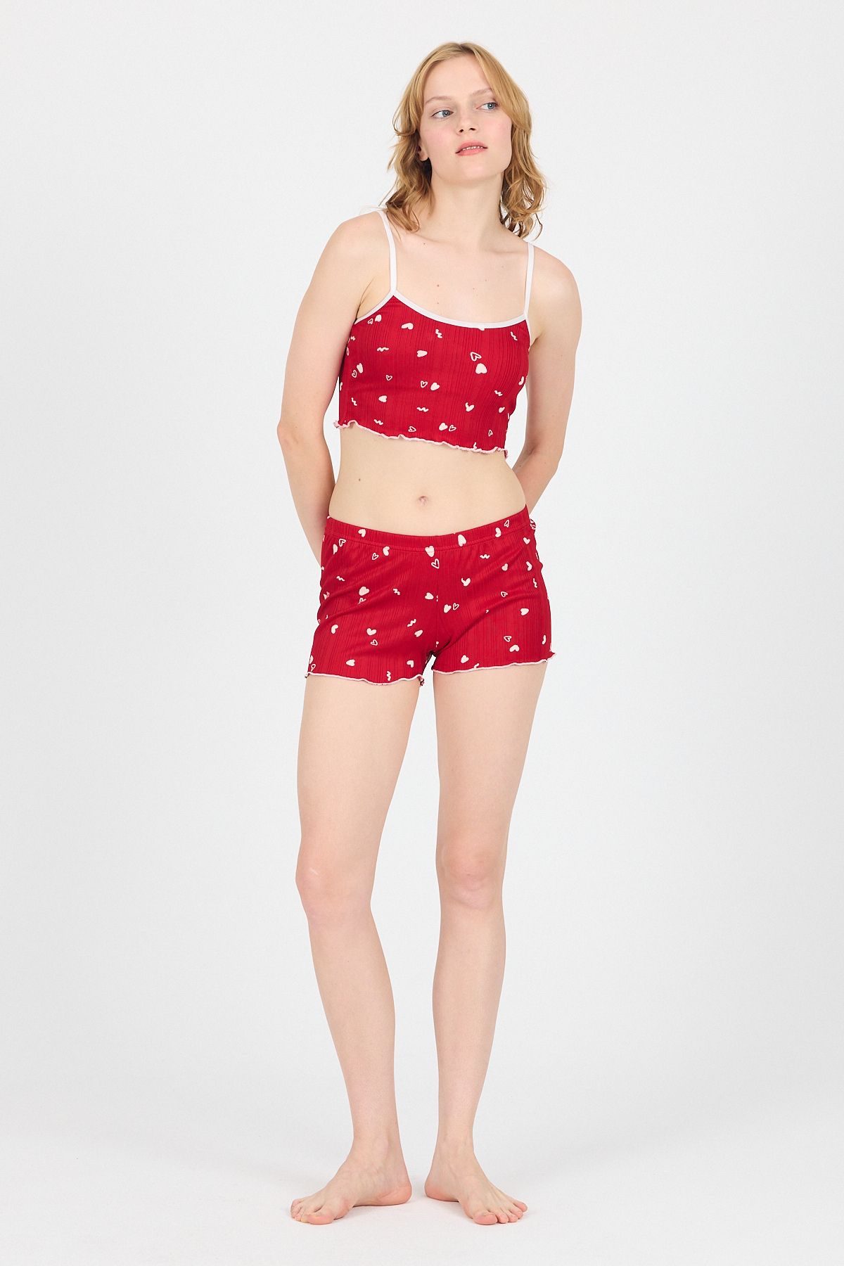 Kırmızı Kalp Desenli Atlet Şort Takım 3405 - 3