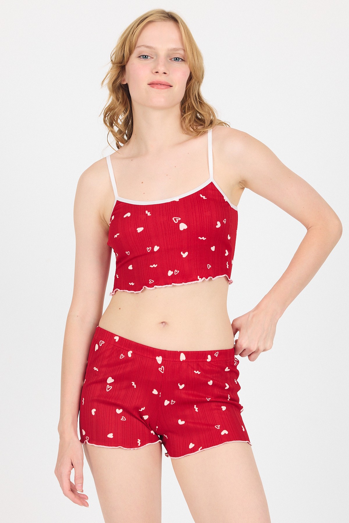 Kırmızı Kalp Desenli Atlet Şort Takım 3405 - 1