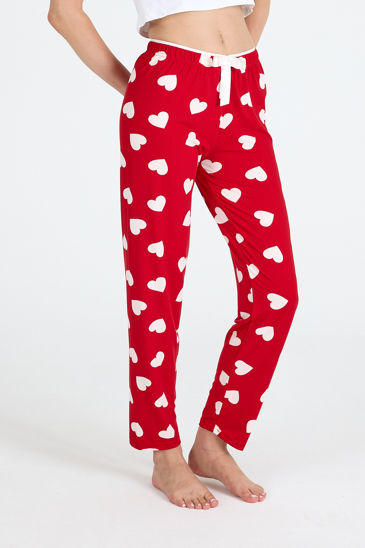 Kırmızı Kalp Desenli Örme Pijama Altı 4522 - 3
