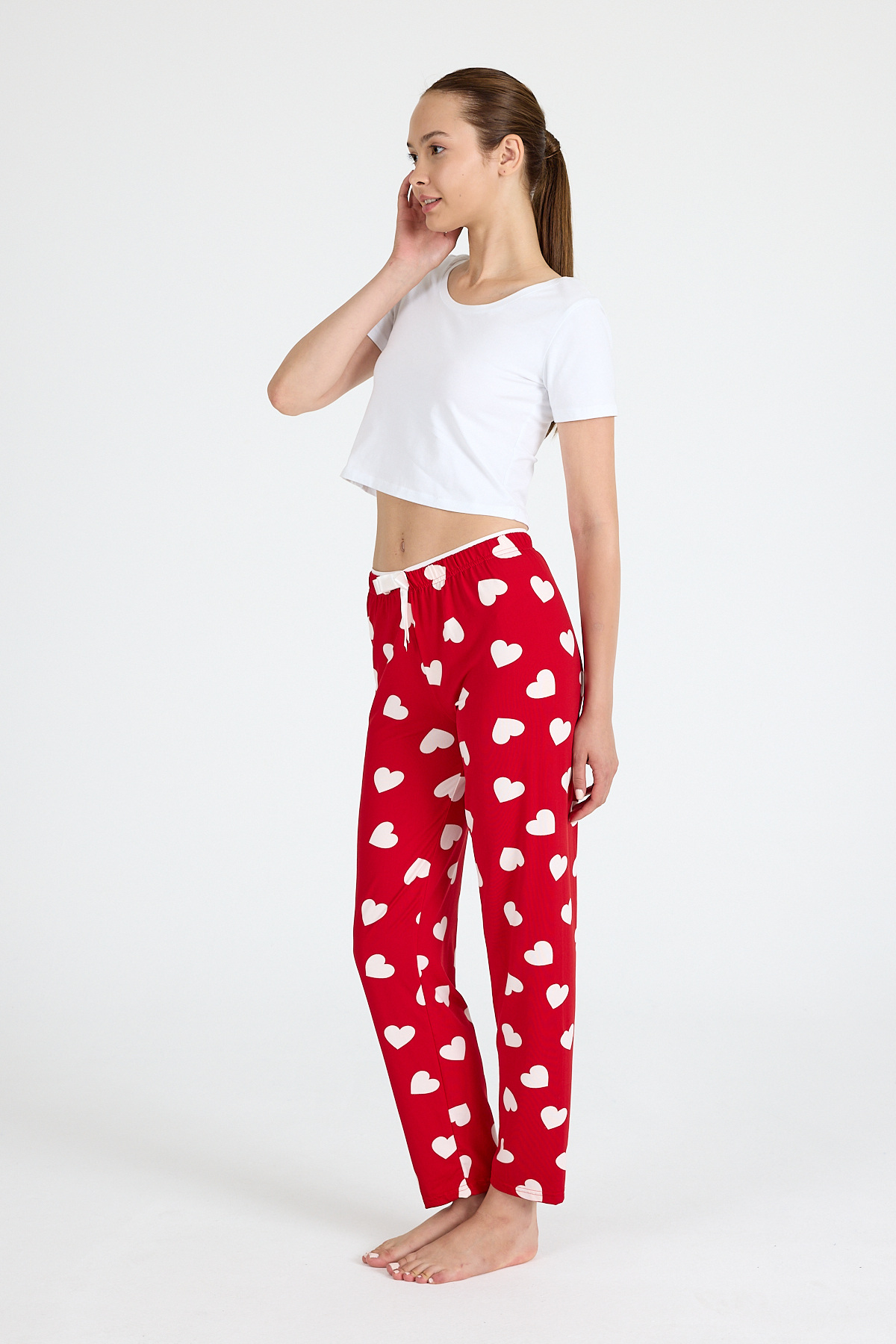 Kırmızı Kalp Desenli Örme Pijama Altı 4522 - 1