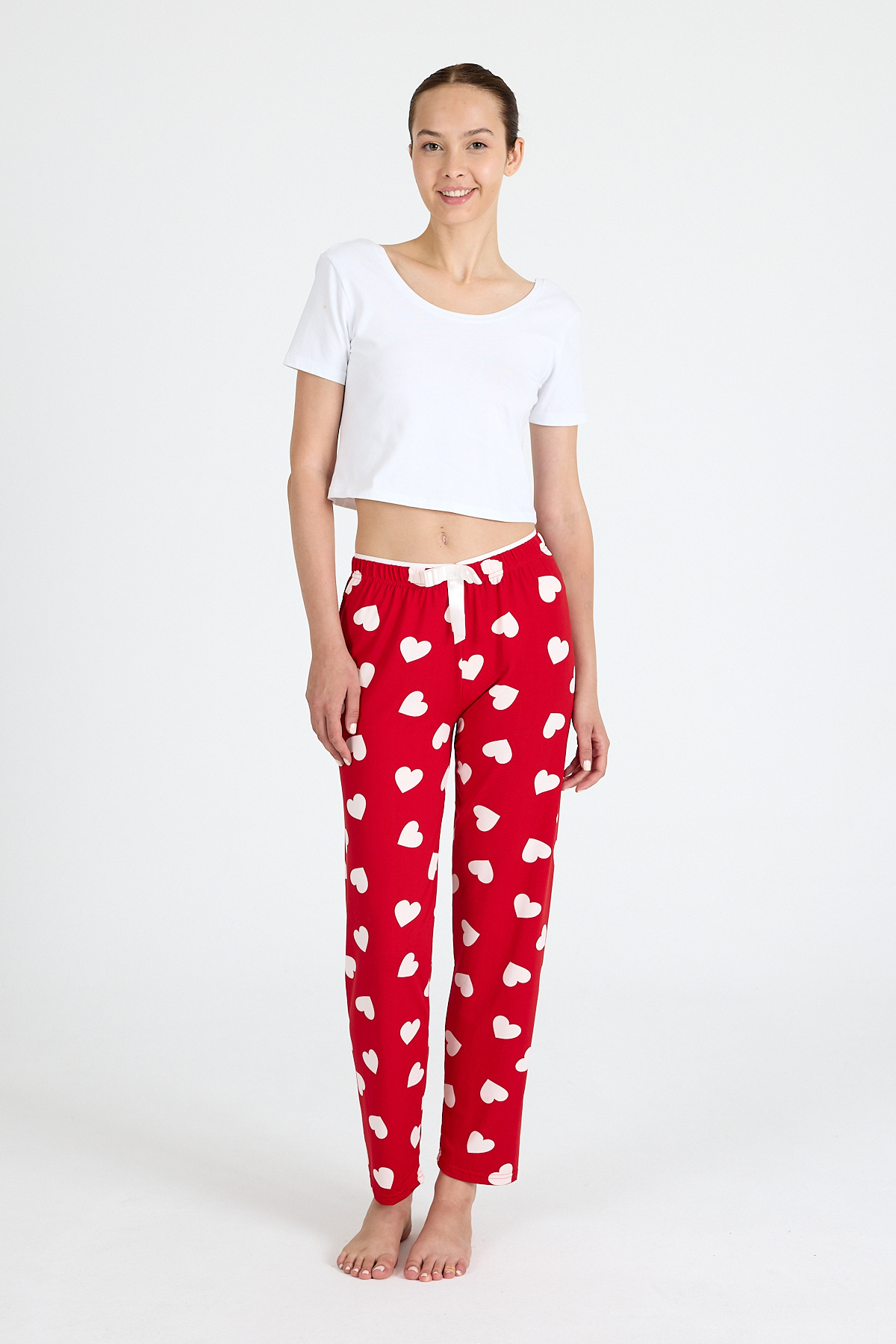 Kırmızı Kalp Desenli Örme Pijama Altı 4522 - 2