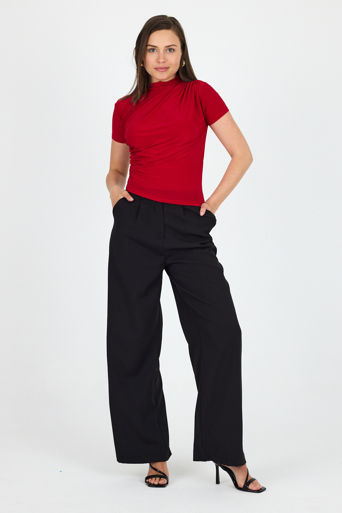 Kırmızı Kısa Kol Büzgülü Sandy Bluz 2417 - RAYS