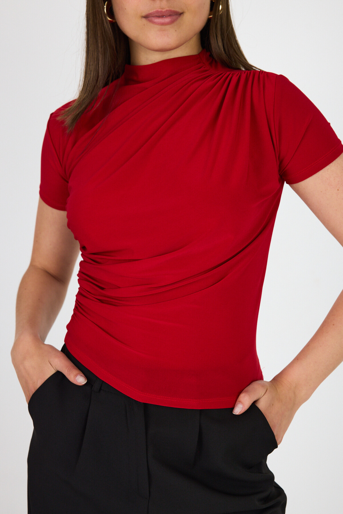 Kırmızı Kısa Kol Büzgülü Sandy Bluz 2417 - RAYS