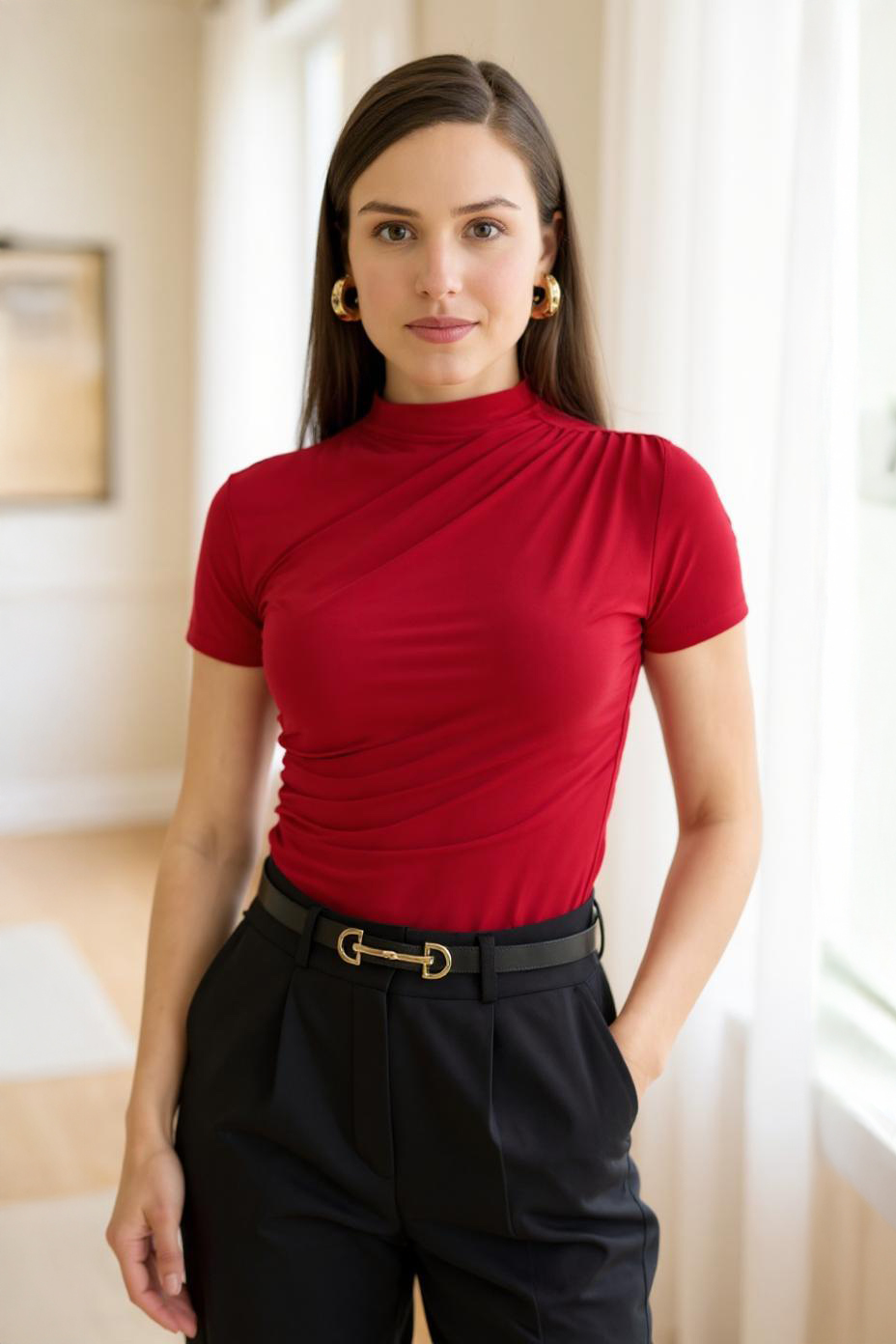 Kırmızı Kısa Kol Büzgülü Sandy Bluz 2417 - 1