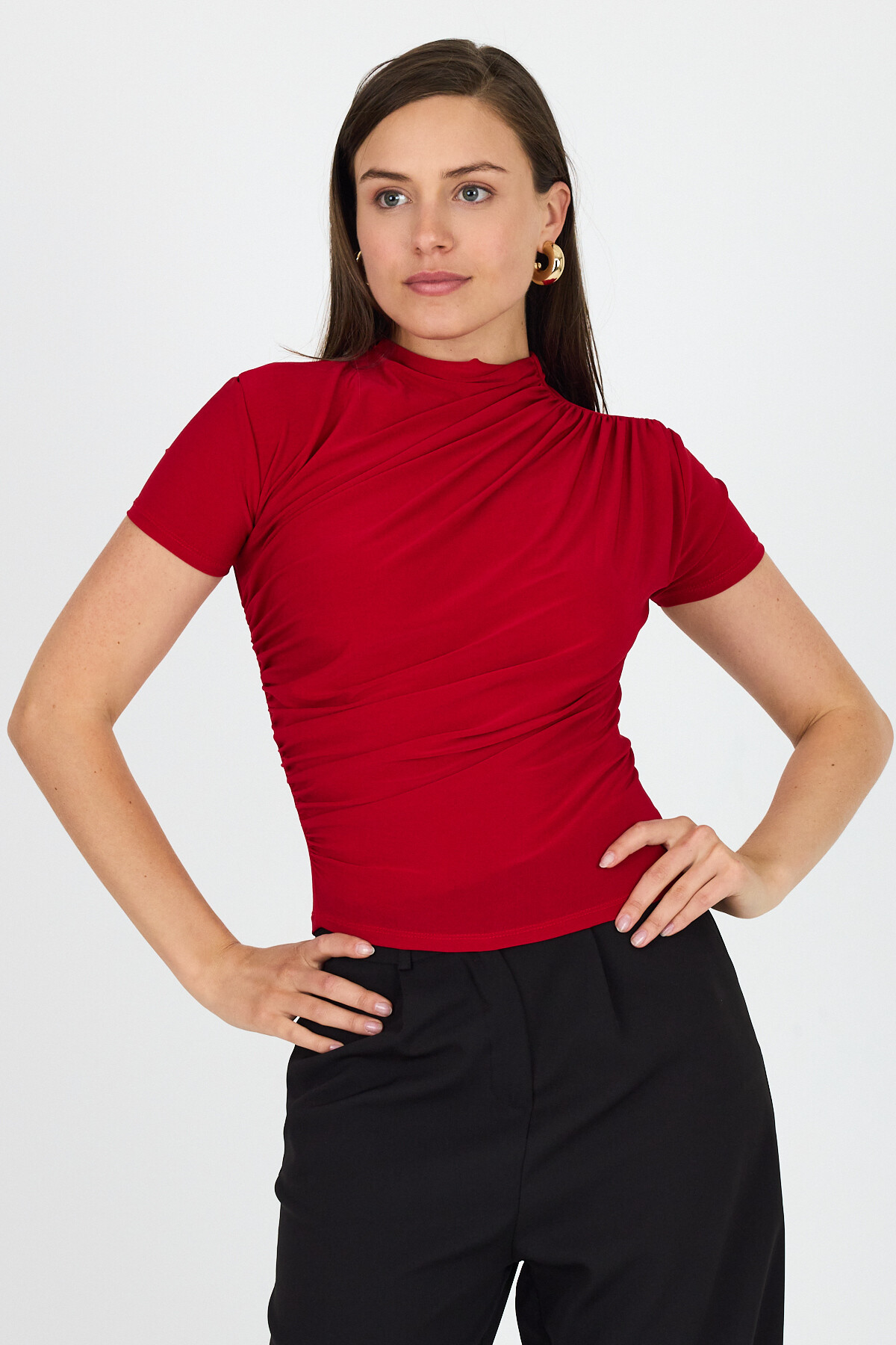 Kırmızı Kısa Kol Büzgülü Sandy Bluz 2417 - 2