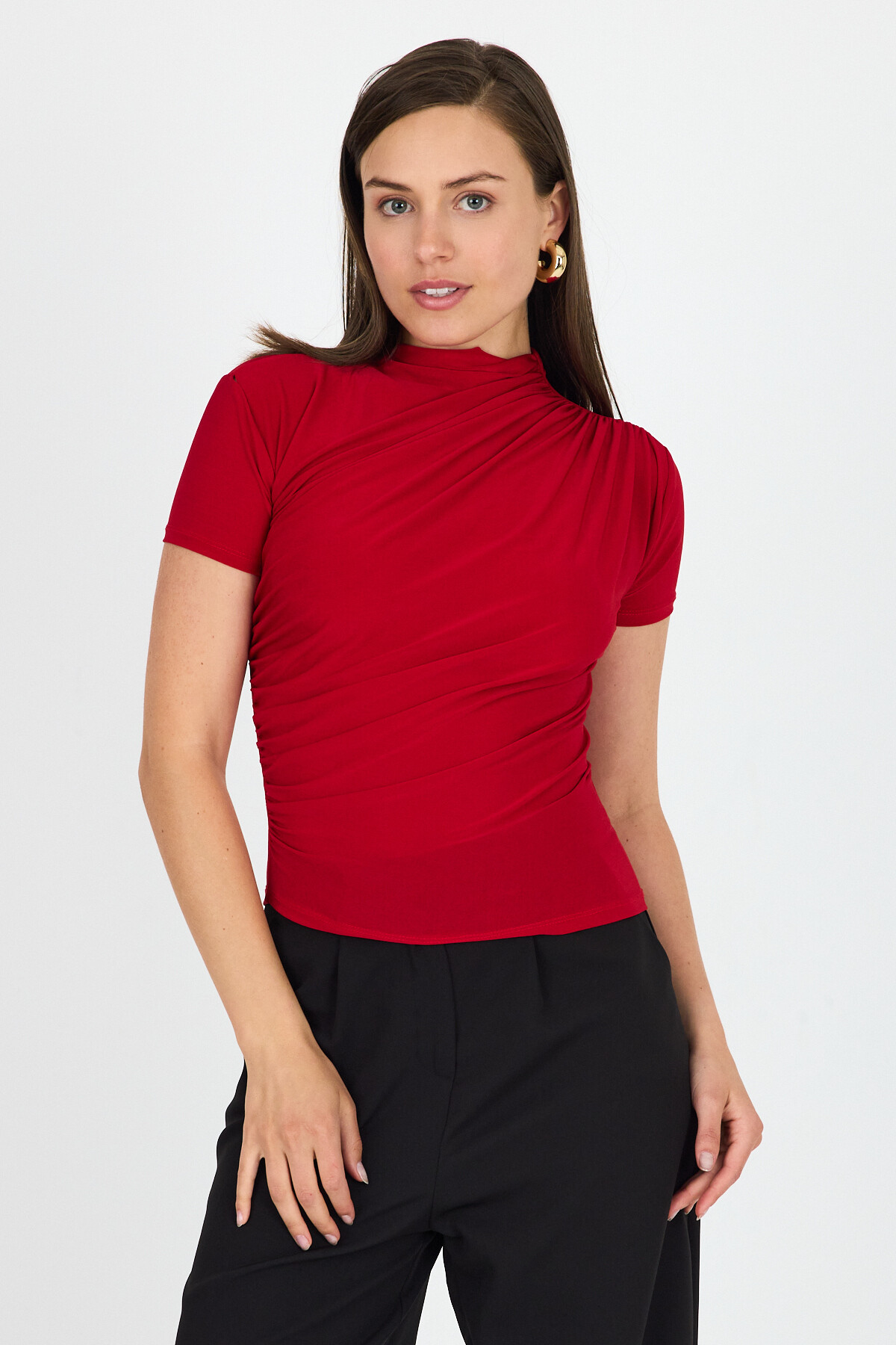 Kırmızı Kısa Kol Büzgülü Sandy Bluz 2417 - 7