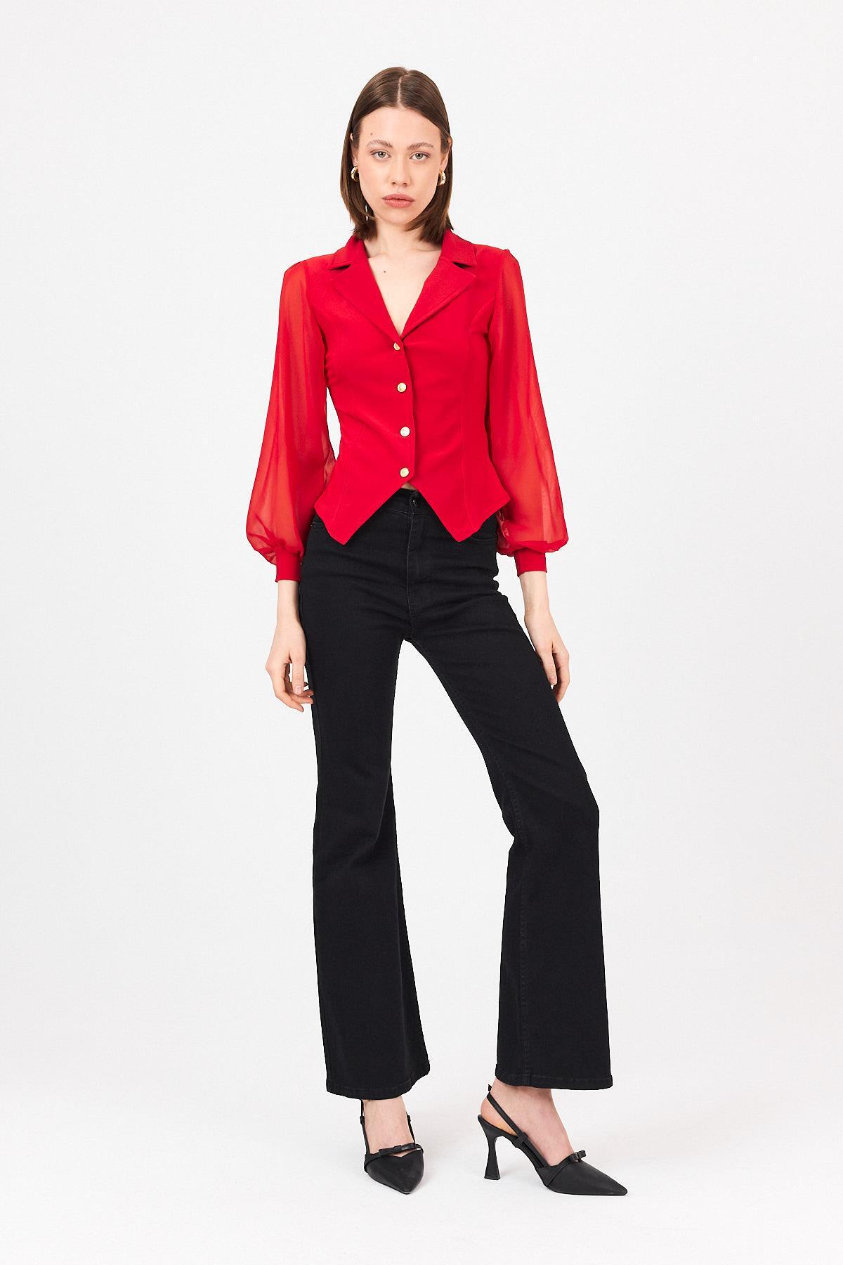 Kırmızı Kruvaze Yaka Düğmeli Pensli Gömlek 9476 - RAYS