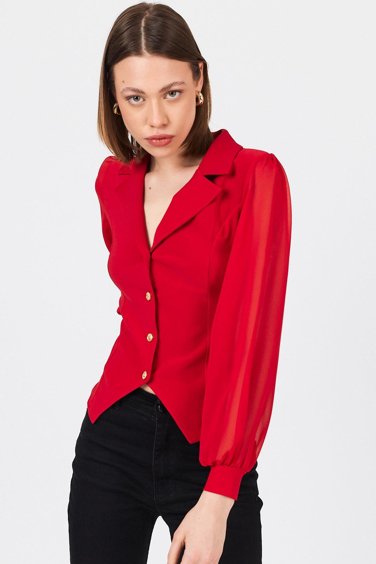 Kırmızı Kruvaze Yaka Düğmeli Pensli Gömlek 9476 - 6