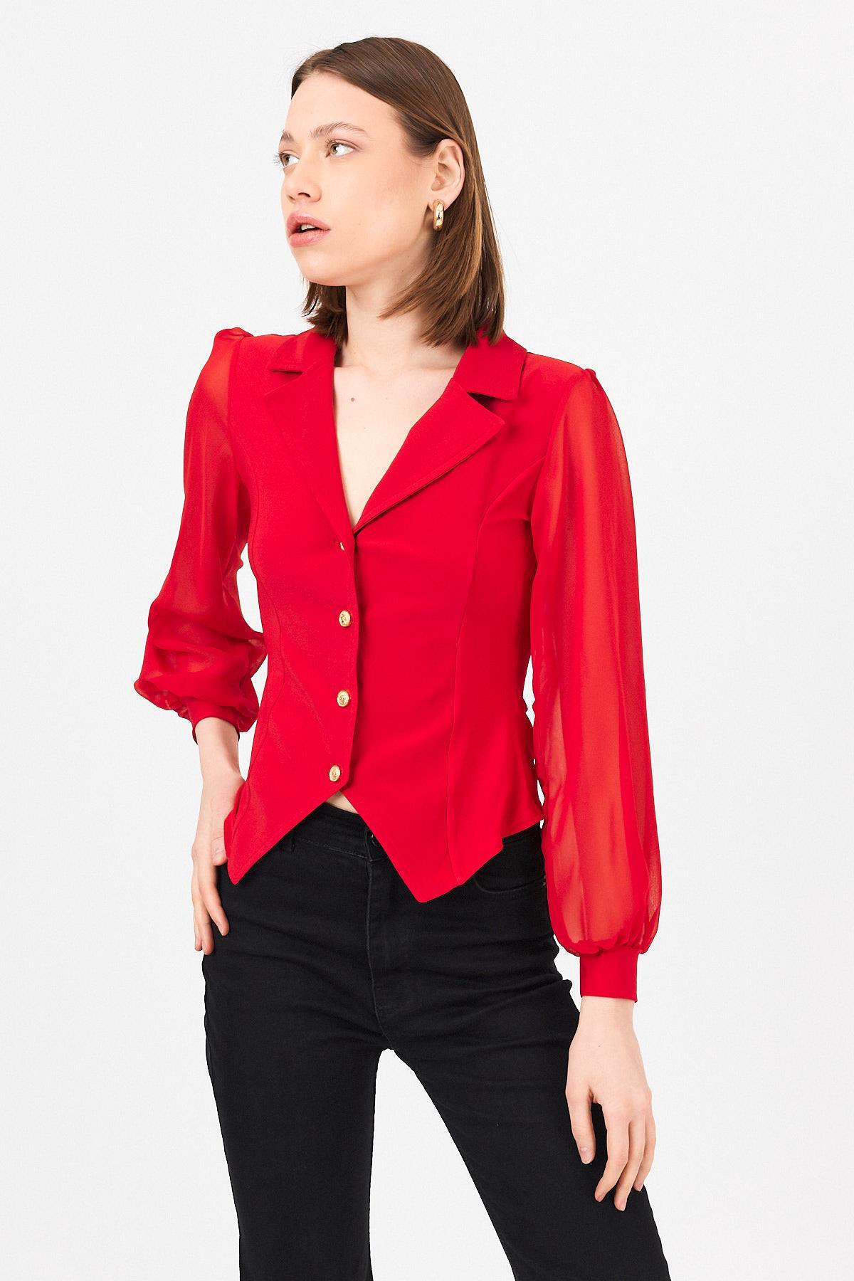 Kırmızı Kruvaze Yaka Düğmeli Pensli Gömlek 9476 
