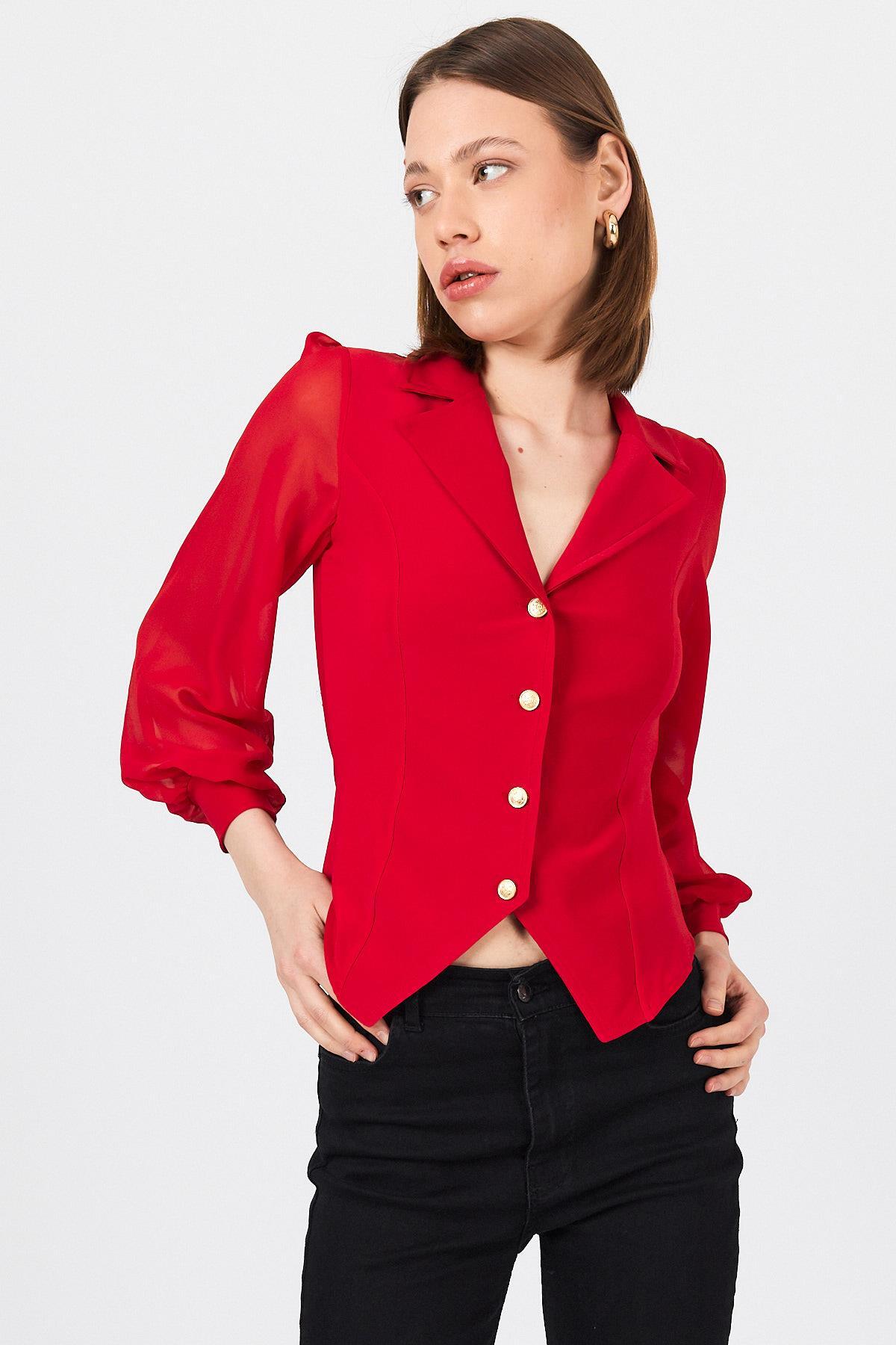 Kırmızı Kruvaze Yaka Düğmeli Pensli Gömlek 9476 - 2