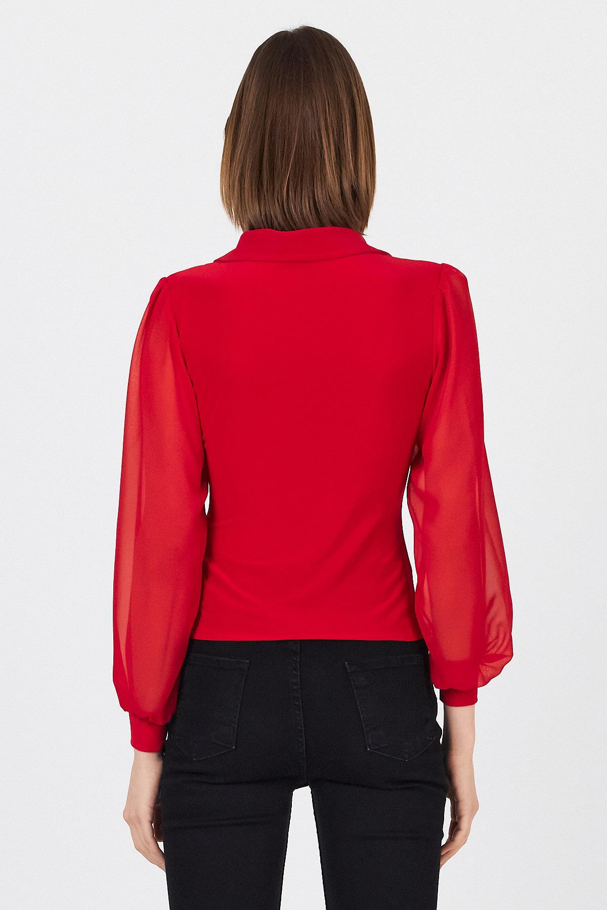 Kırmızı Kruvaze Yaka Düğmeli Pensli Gömlek 9476 - 5