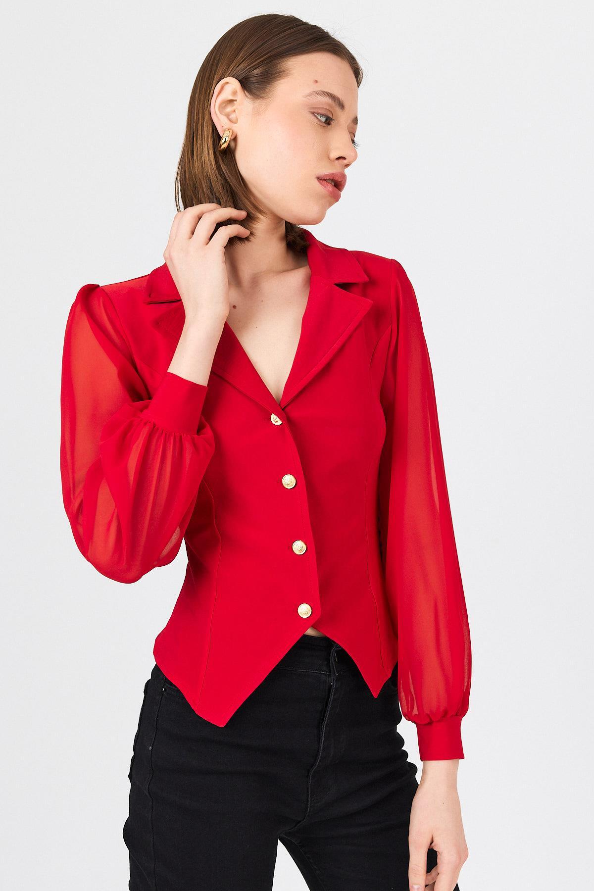 Kırmızı Kruvaze Yaka Düğmeli Pensli Gömlek 9476 - 7
