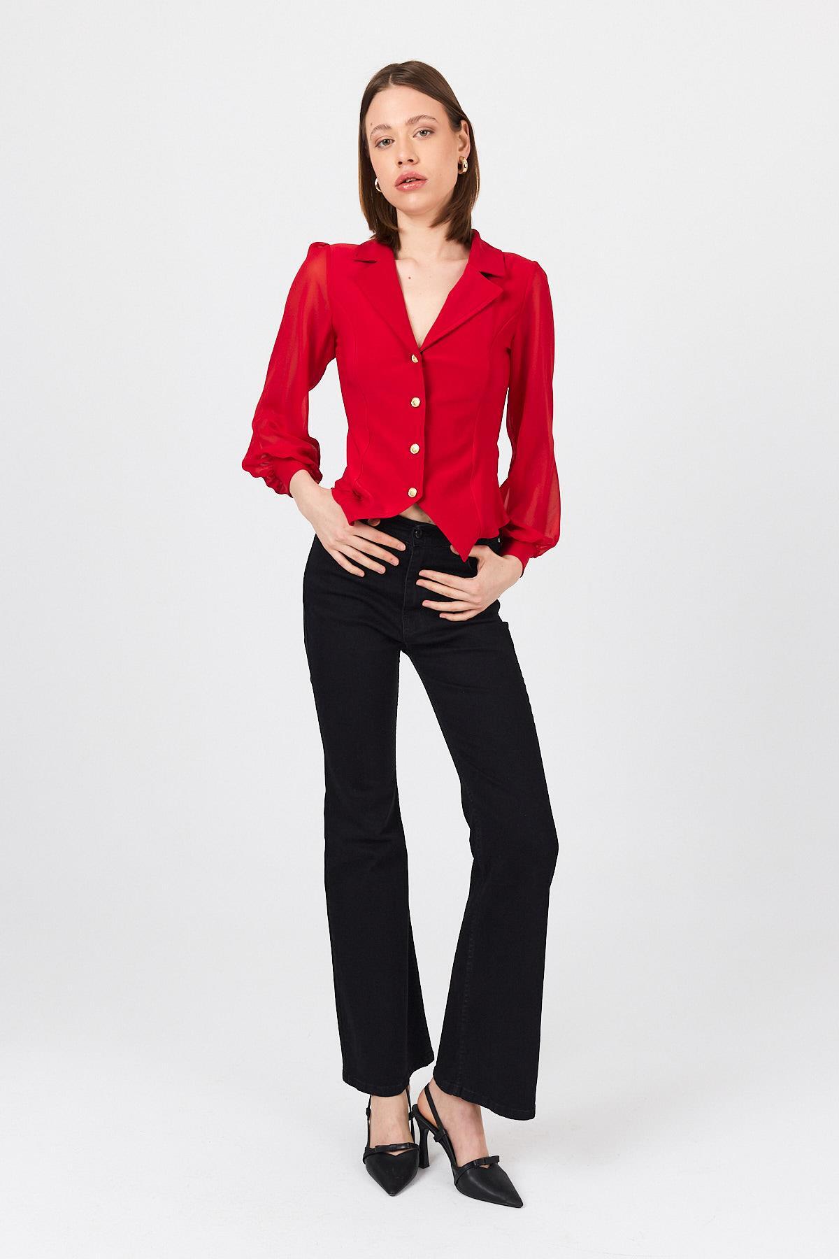 Kırmızı Kruvaze Yaka Düğmeli Pensli Gömlek 9476 - 8