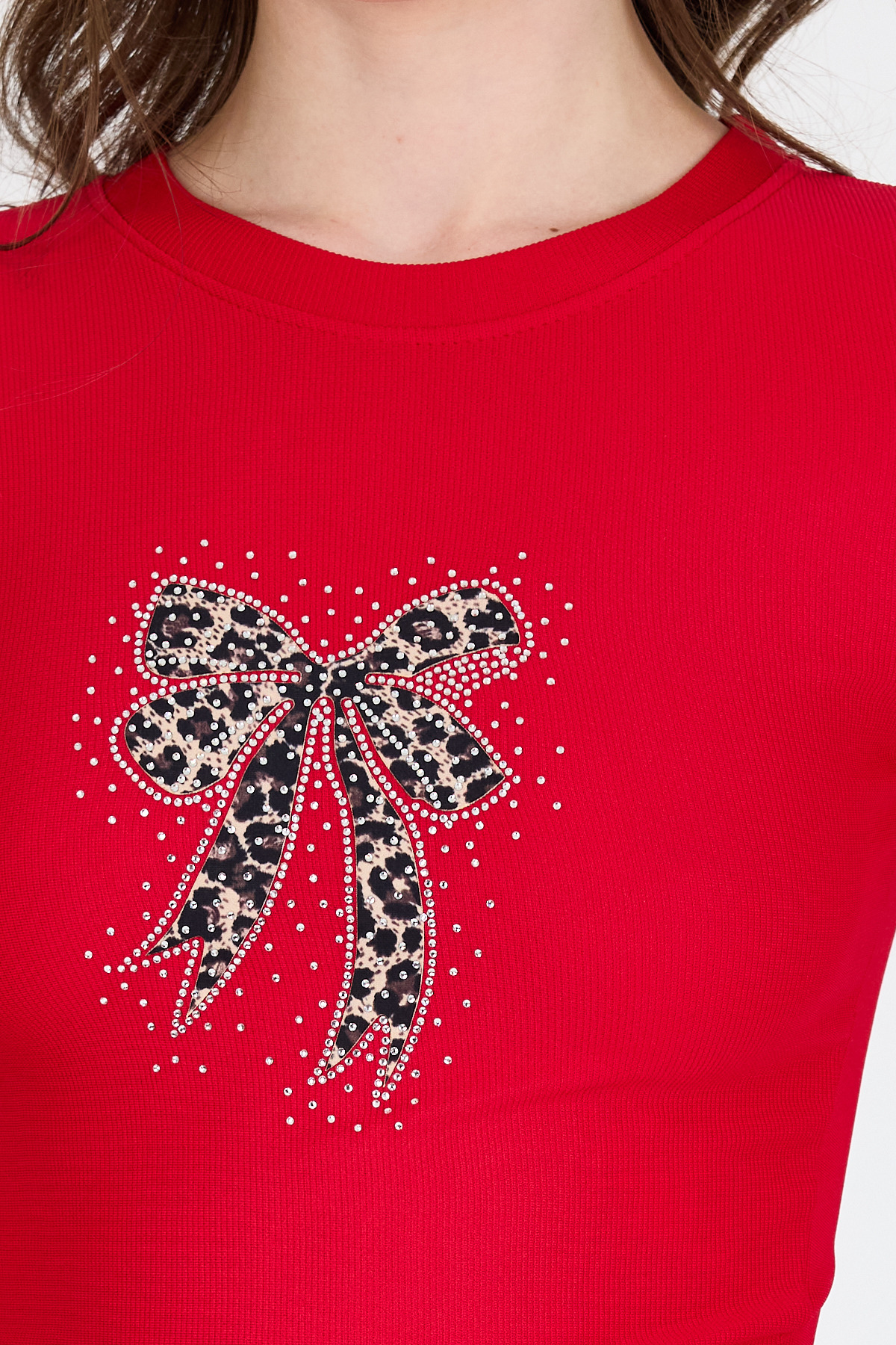 Kırmızı Leopar Fiyonk Baskılı Taş Detaylı Slim Fit Crop Tişört 0549-1 - RAYS