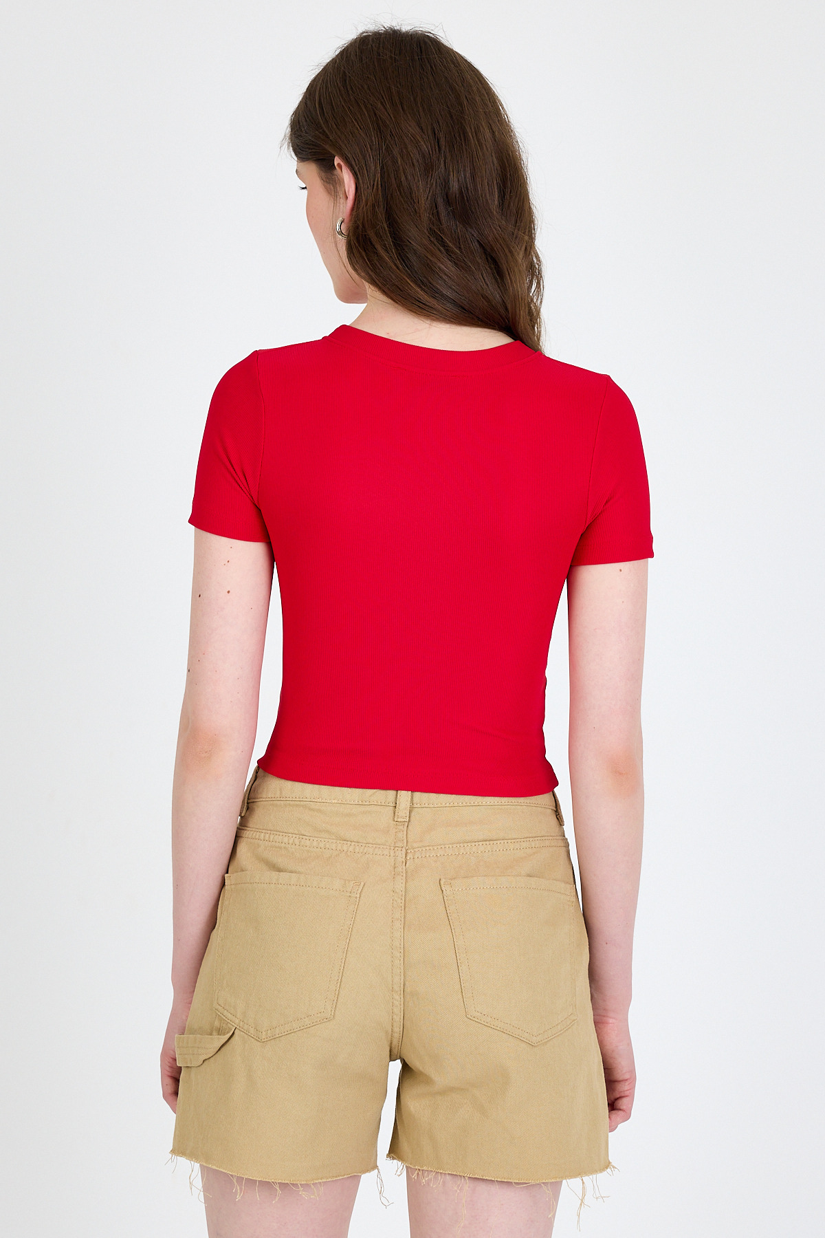 Kırmızı Leopar Fiyonk Baskılı Taş Detaylı Slim Fit Crop Tişört 0549-1 - 5