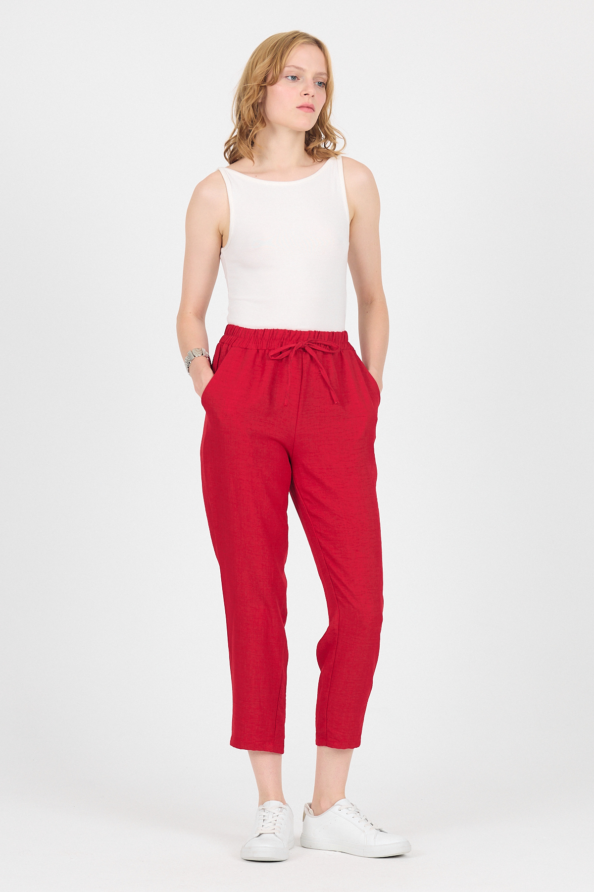 Kırmızı Pamuklu Bel Lastikli Düz Paça Düz Paça Pantolon 4800 - RAYS
