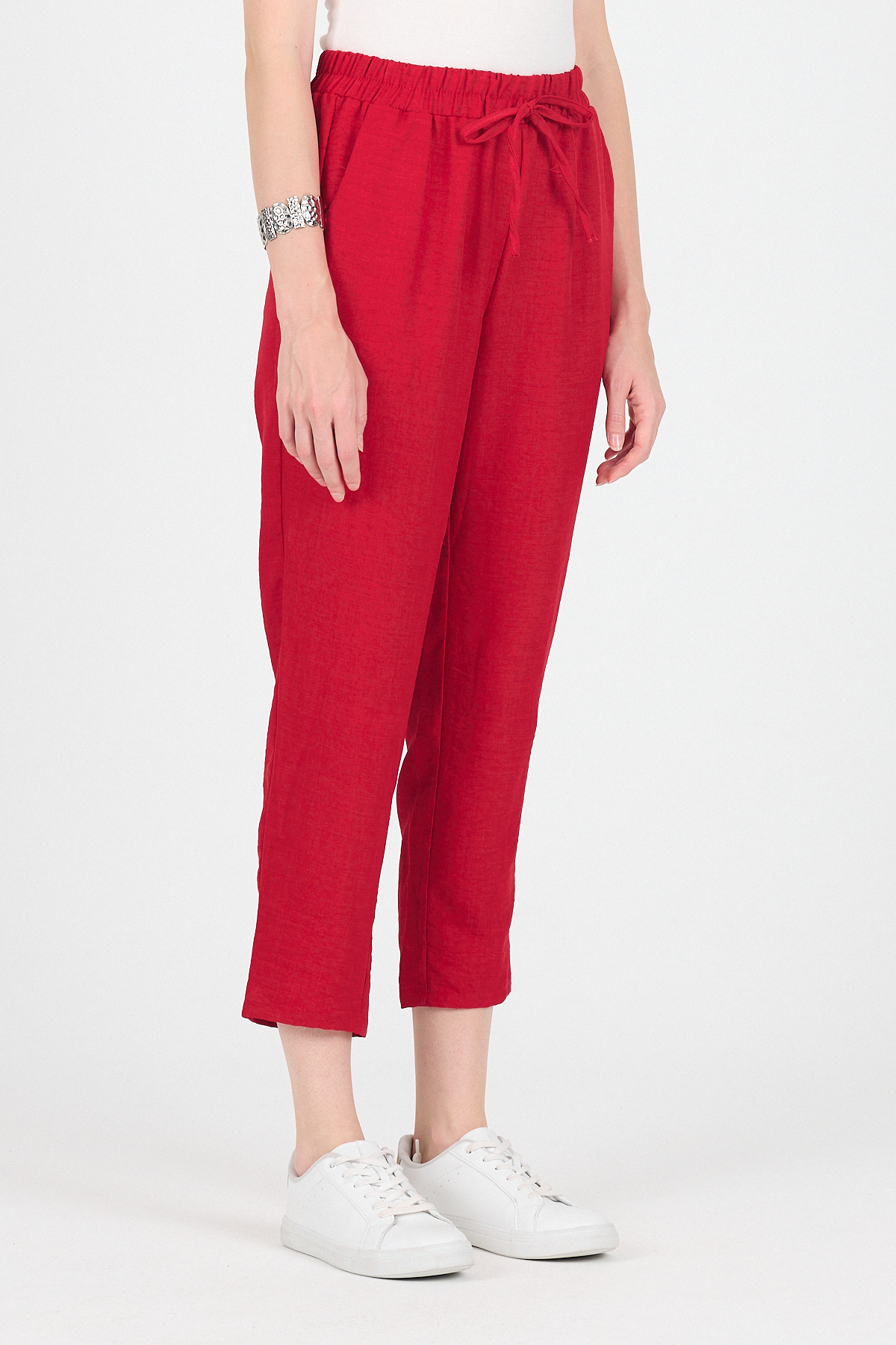Kırmızı Pamuklu Bel Lastikli Düz Paça Düz Paça Pantolon 4800 - 3