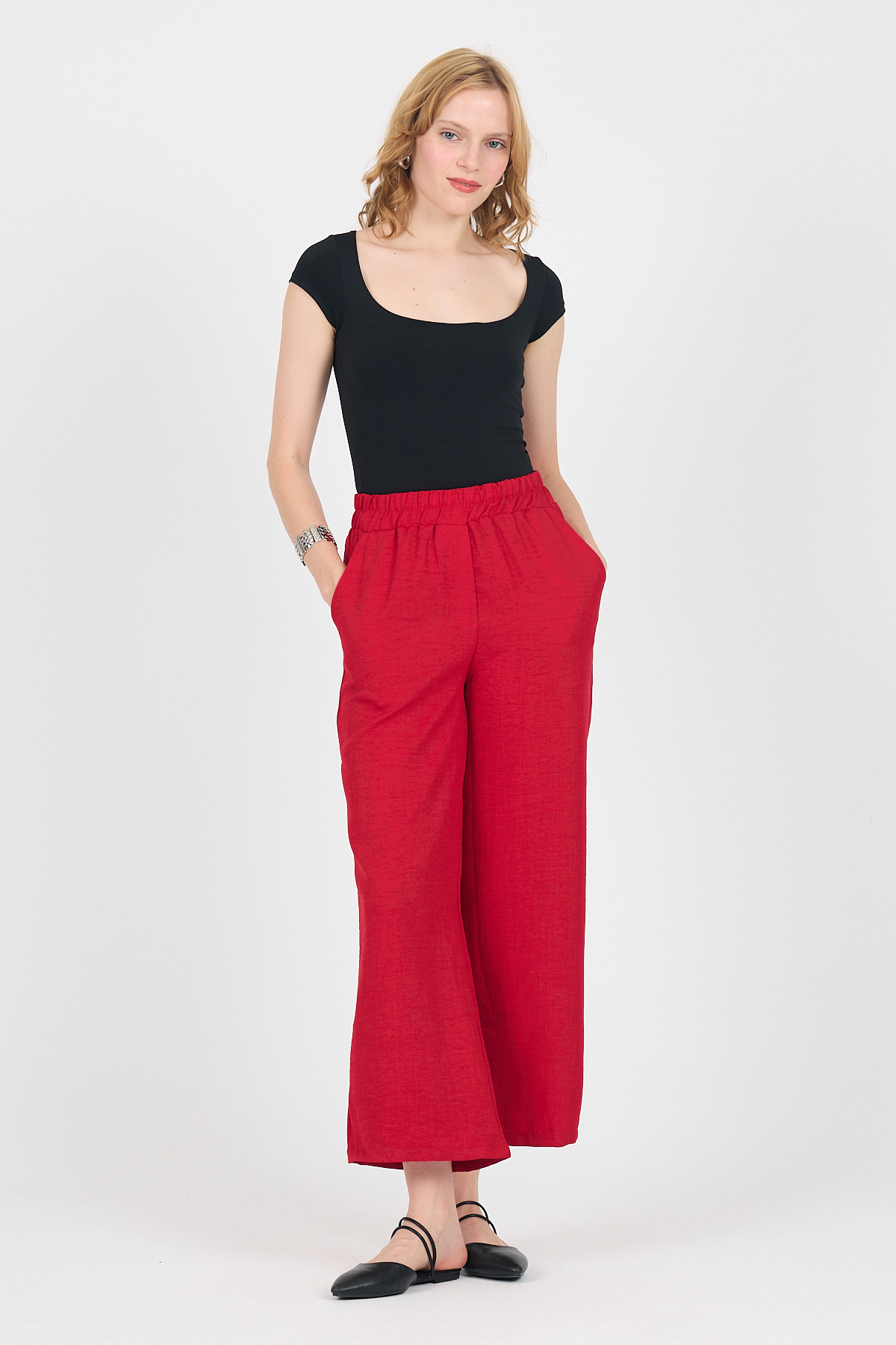 Kırmızı Pamuklu Beli Lastikli Bol Paça Pantolon 4657A - RAYS