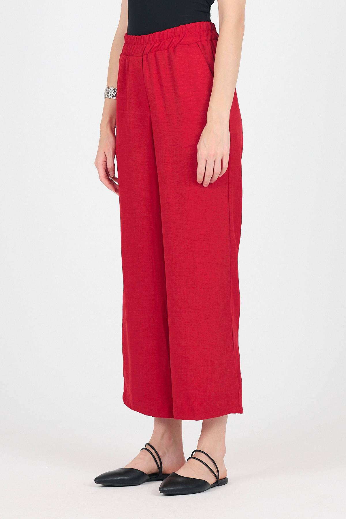 Kırmızı Pamuklu Beli Lastikli Bol Paça Pantolon 4657A - 3