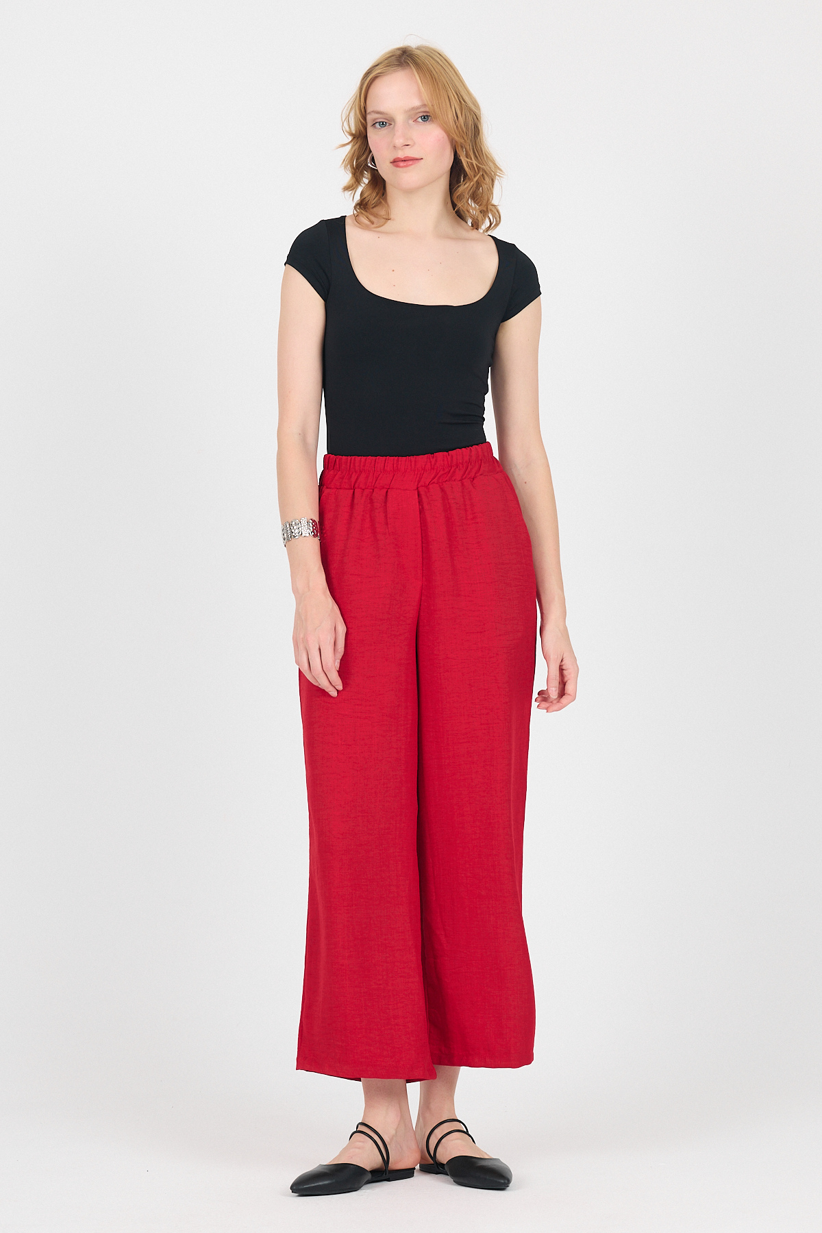 Kırmızı Pamuklu Beli Lastikli Bol Paça Pantolon 4657A - 6