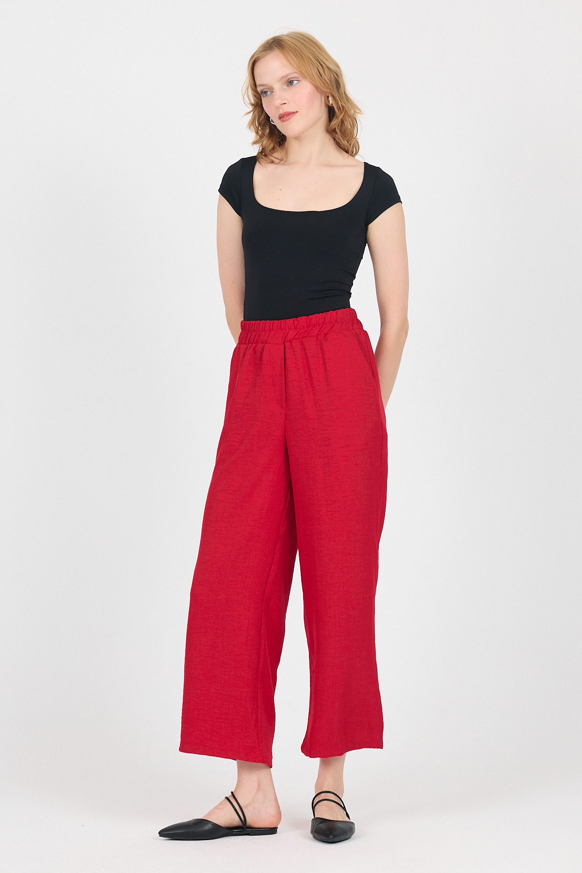 Kırmızı Pamuklu Beli Lastikli Bol Paça Pantolon 4657A - 2