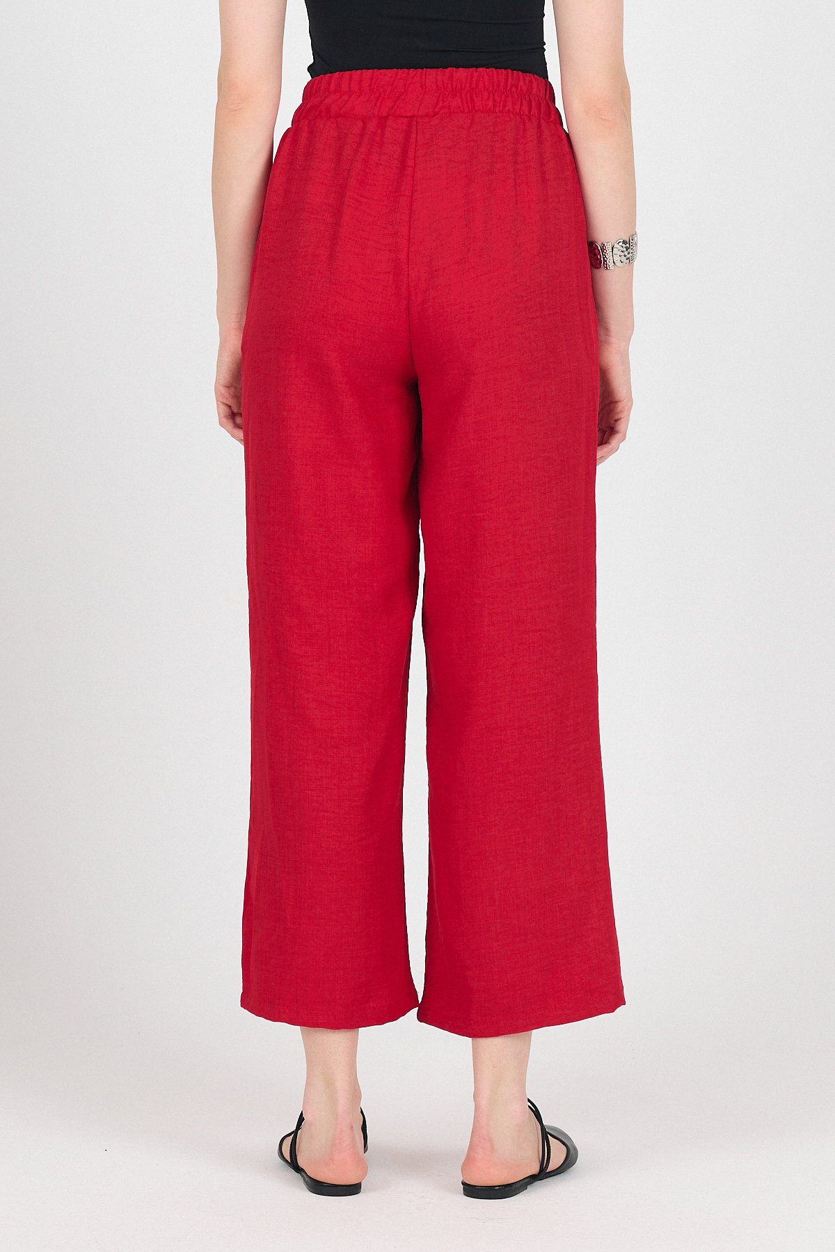 Kırmızı Pamuklu Beli Lastikli Bol Paça Pantolon 4657A - 5