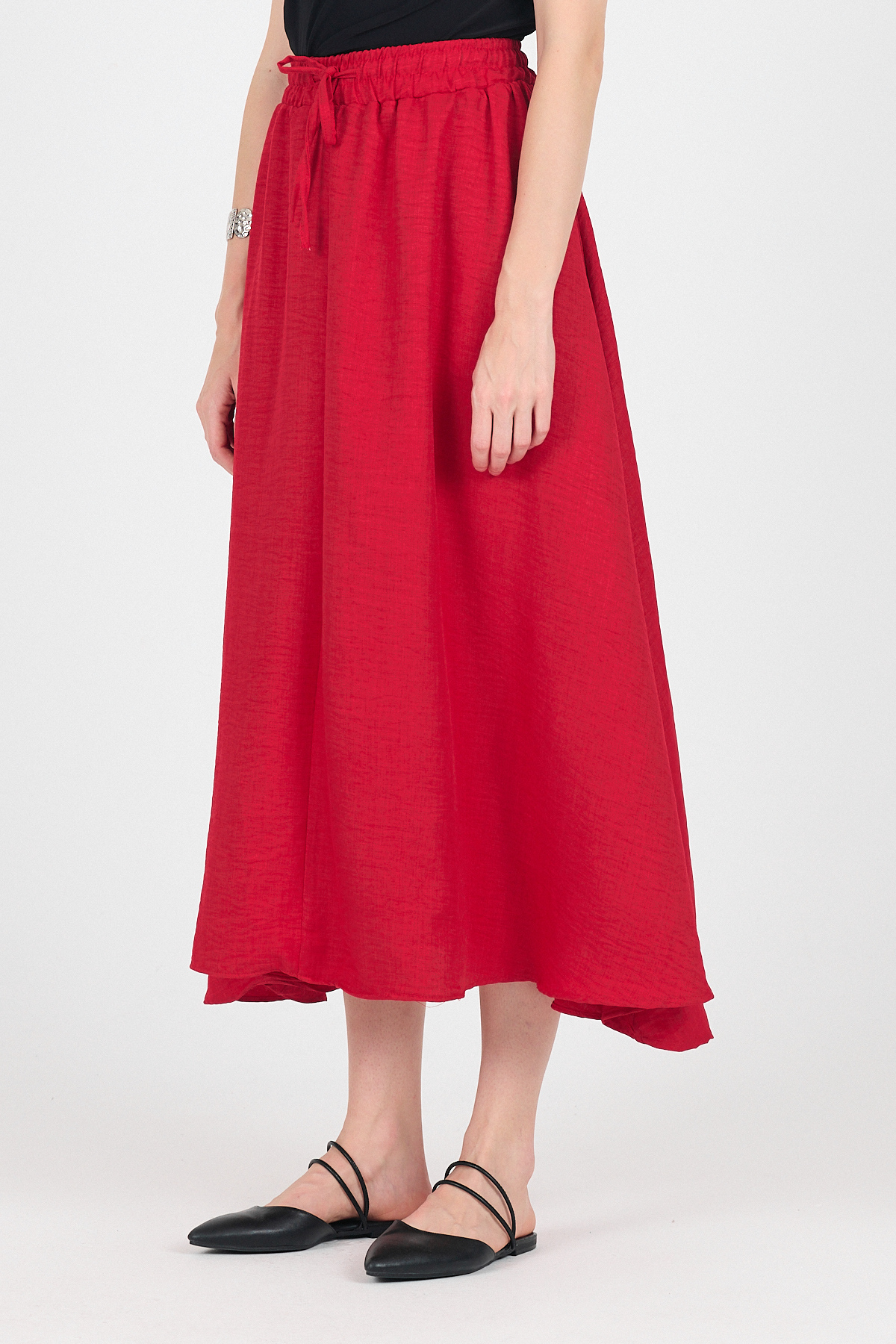Kırmızı Pamuklu Beli Lastikli Midi Etek 8024A - RAYS