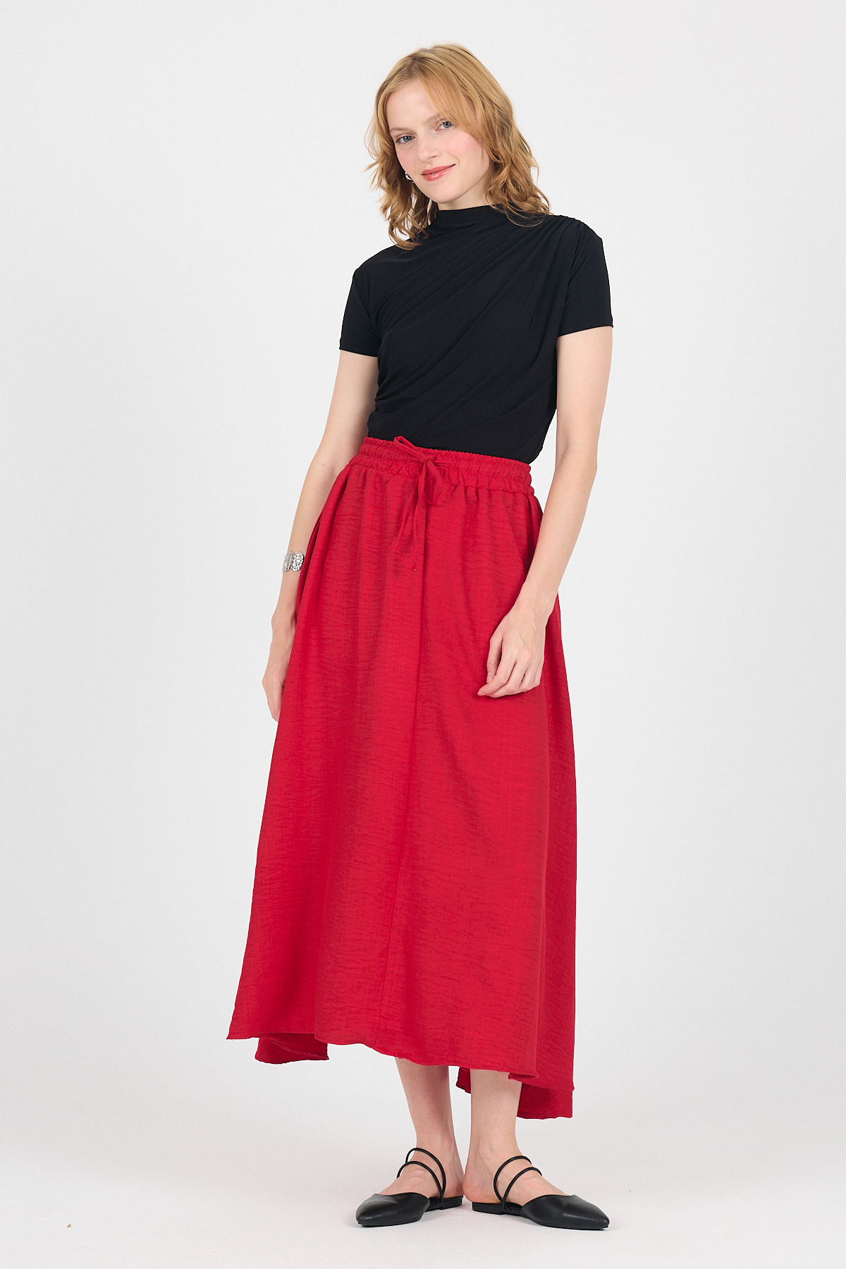 Kırmızı Pamuklu Beli Lastikli Midi Etek 8024A - RAYS