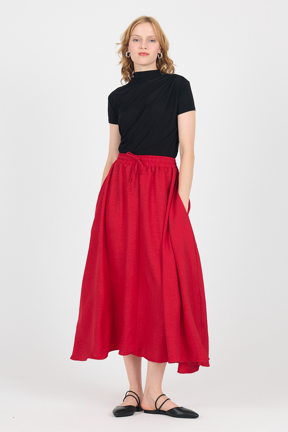 Kırmızı Pamuklu Beli Lastikli Midi Etek 8024A - RAYS (1)