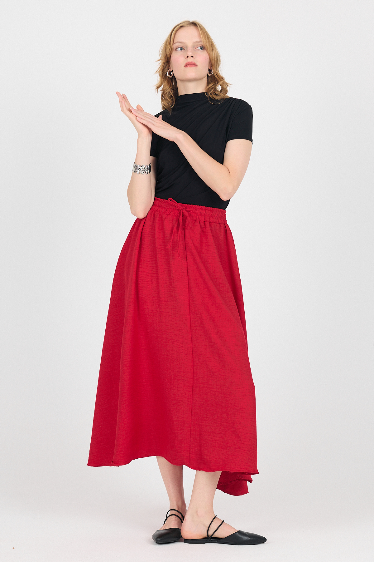 Kırmızı Pamuklu Beli Lastikli Midi Etek 8024A - 7