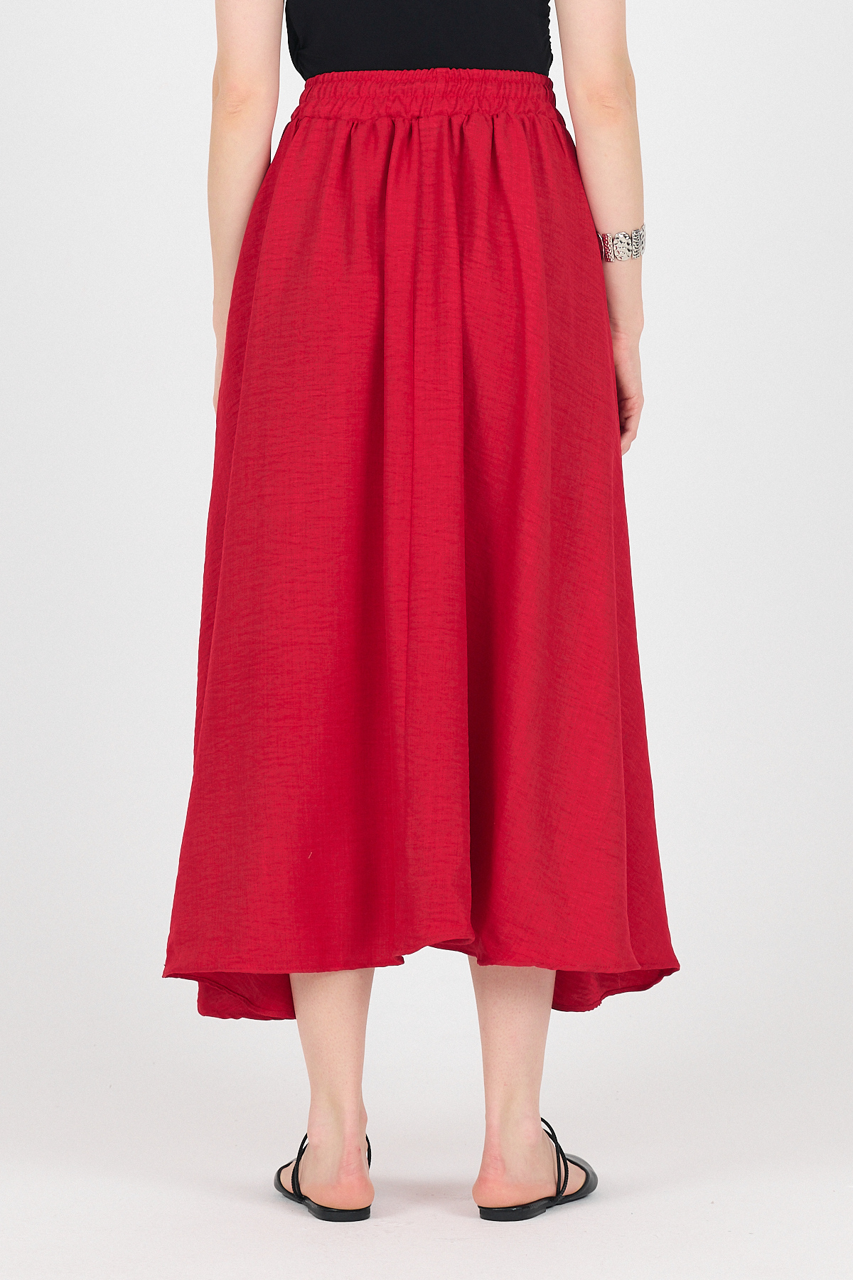 Kırmızı Pamuklu Beli Lastikli Midi Etek 8024A - 5