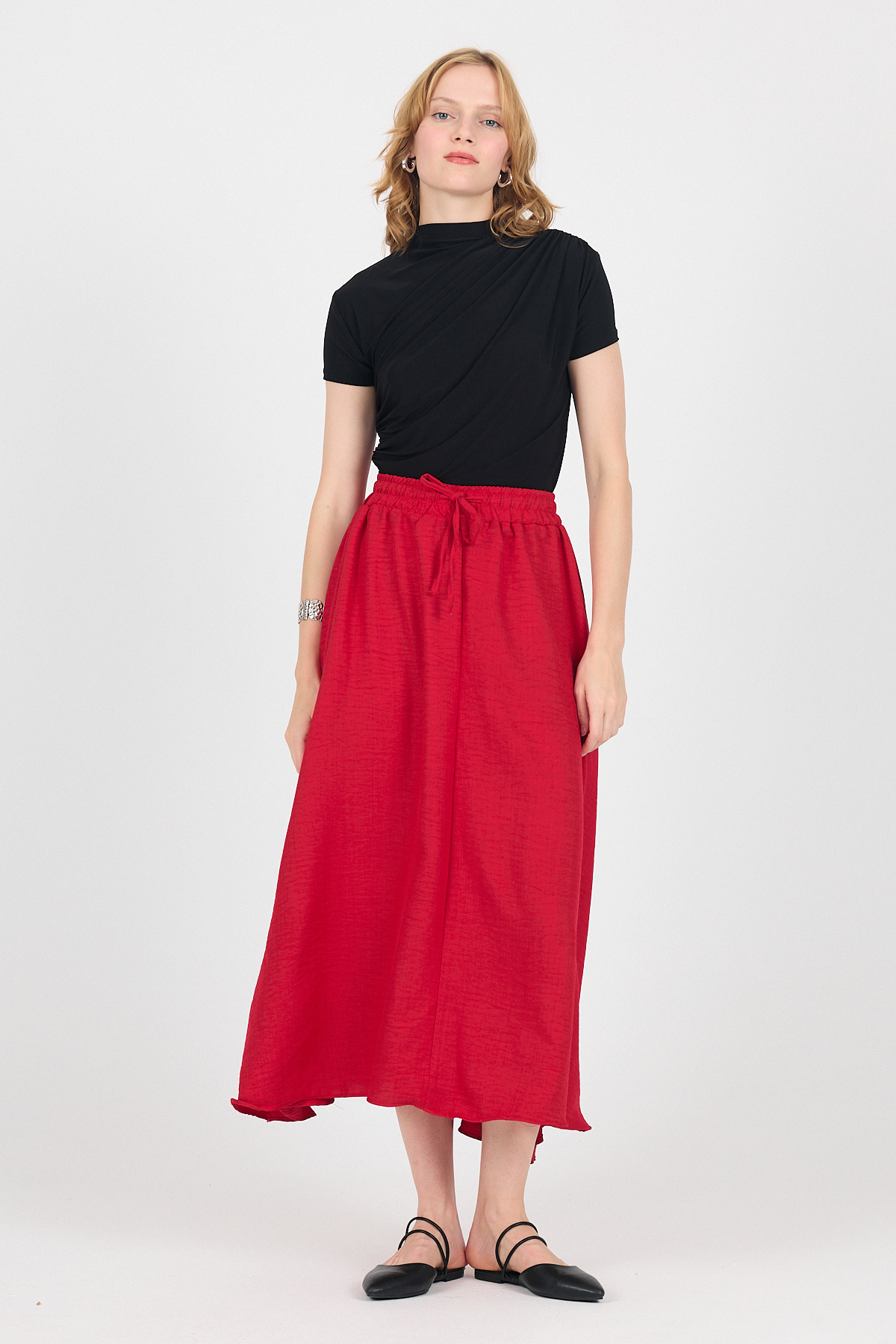 Kırmızı Pamuklu Beli Lastikli Midi Etek 8024A - 6