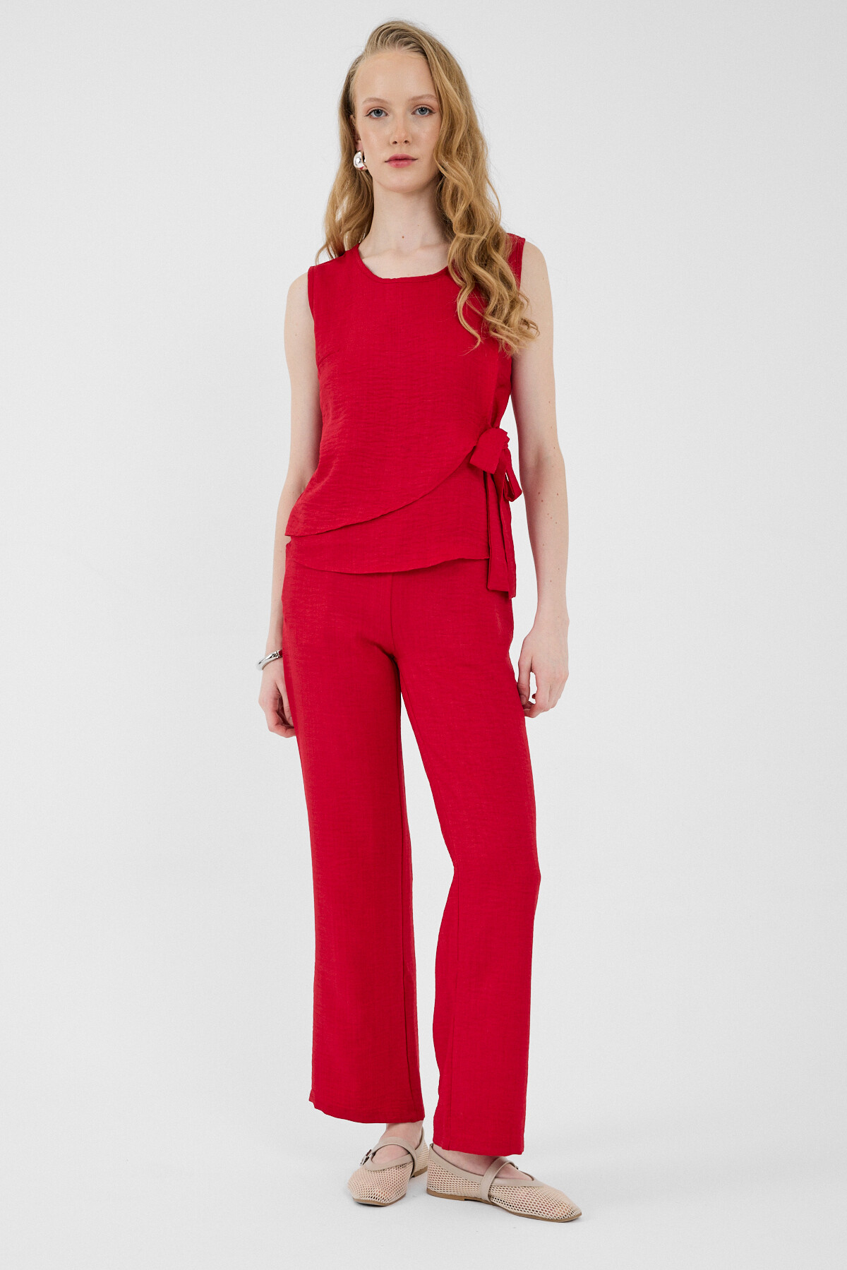 Kırmızı Pamuklu Yan Bağlama Detaylı İkili Takım 8079A - 4