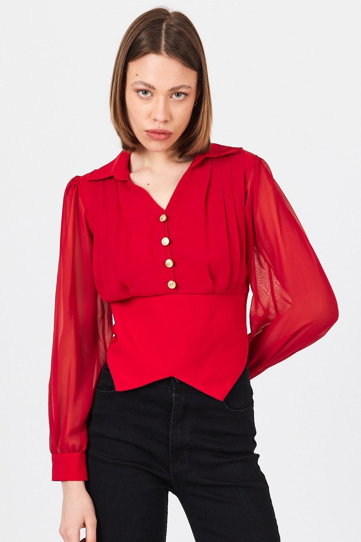 Kırmızı Pileli Gömlek Yaka Düğmeli Bluz 9471 - RAYS