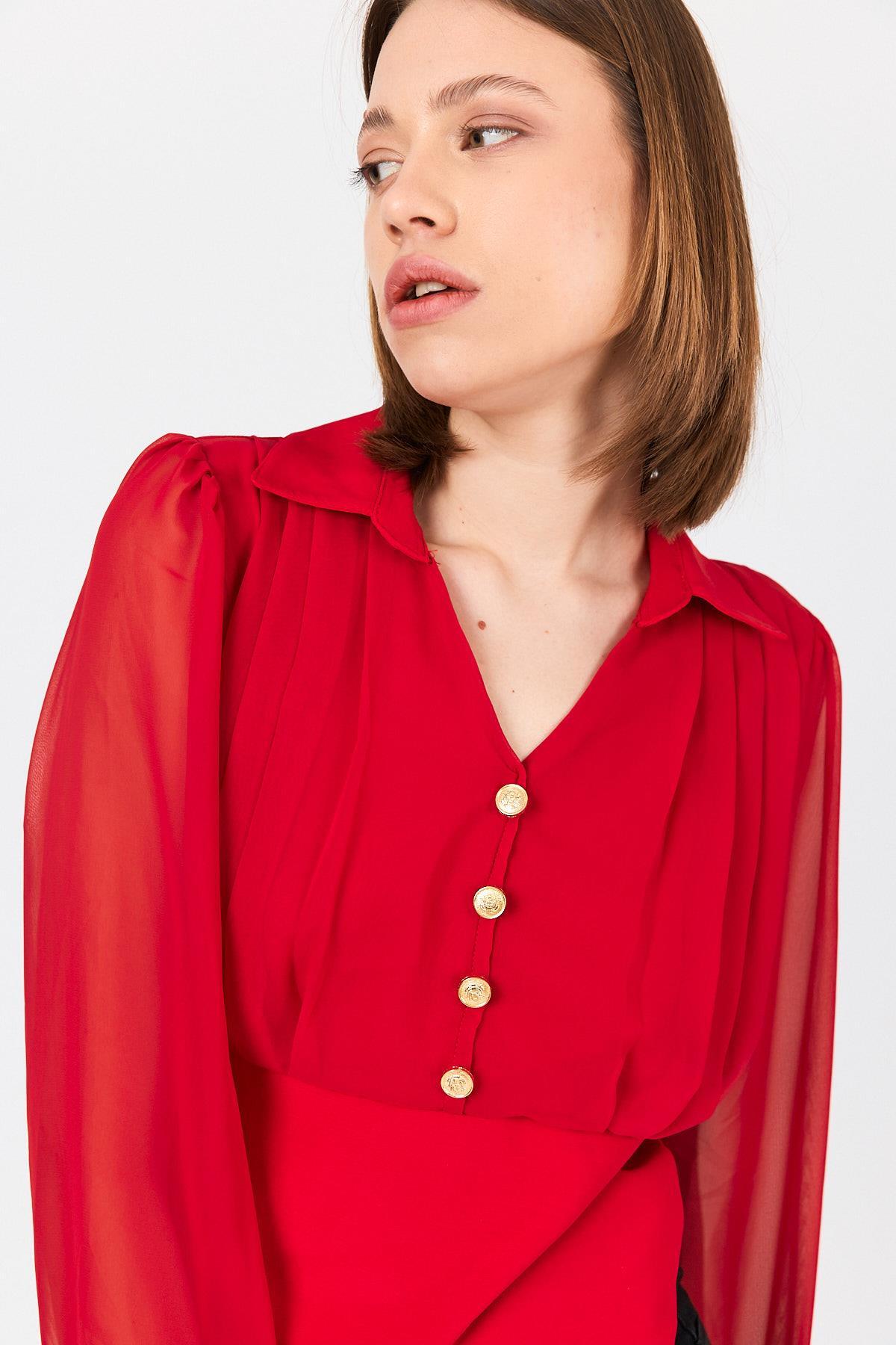 Kırmızı Pileli Gömlek Yaka Düğmeli Bluz 9471 - RAYS