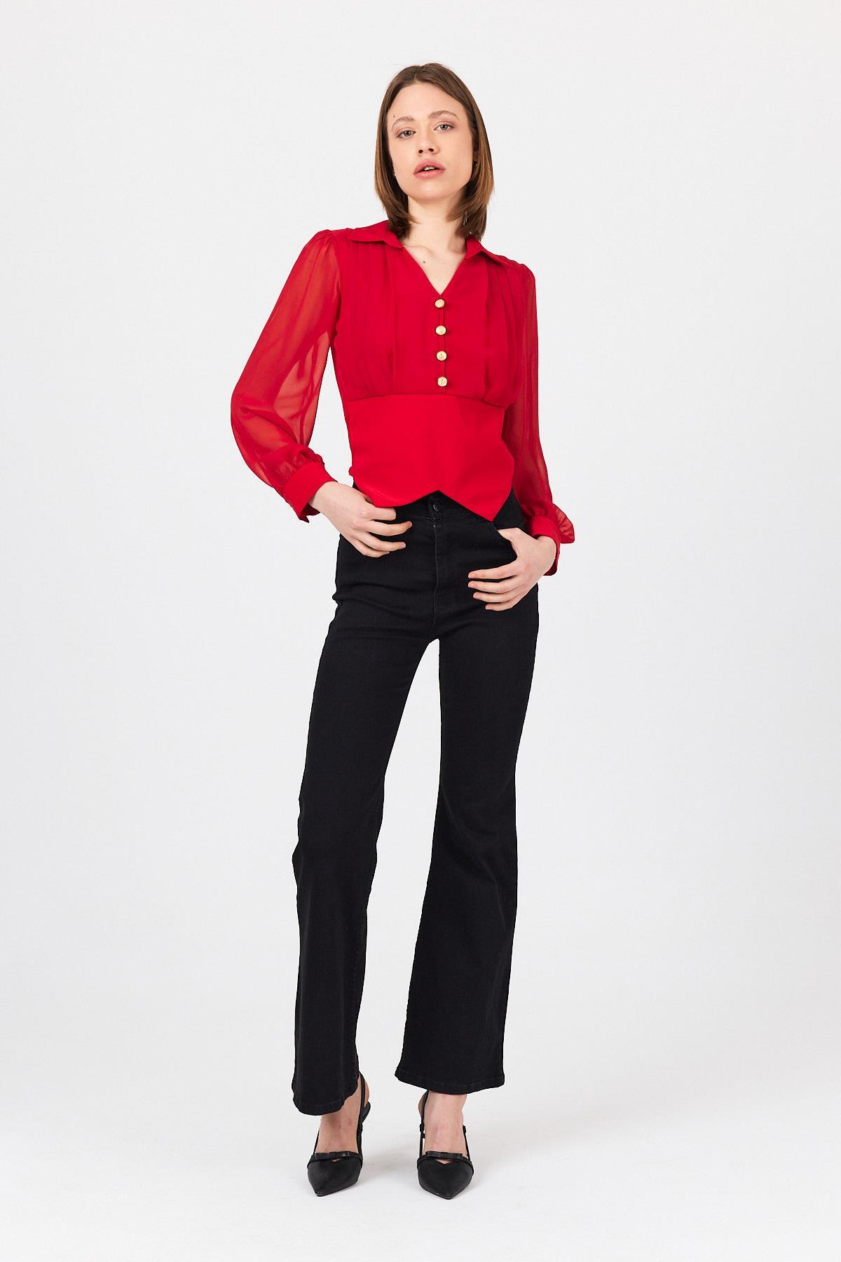 Kırmızı Pileli Gömlek Yaka Düğmeli Bluz 9471 - 2