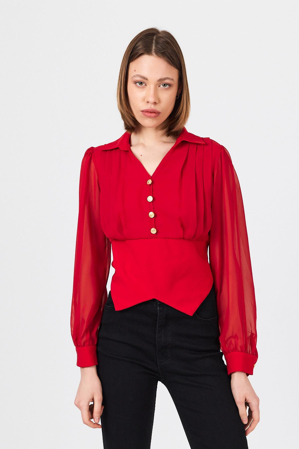 Kırmızı Pileli Gömlek Yaka Düğmeli Bluz 9471 