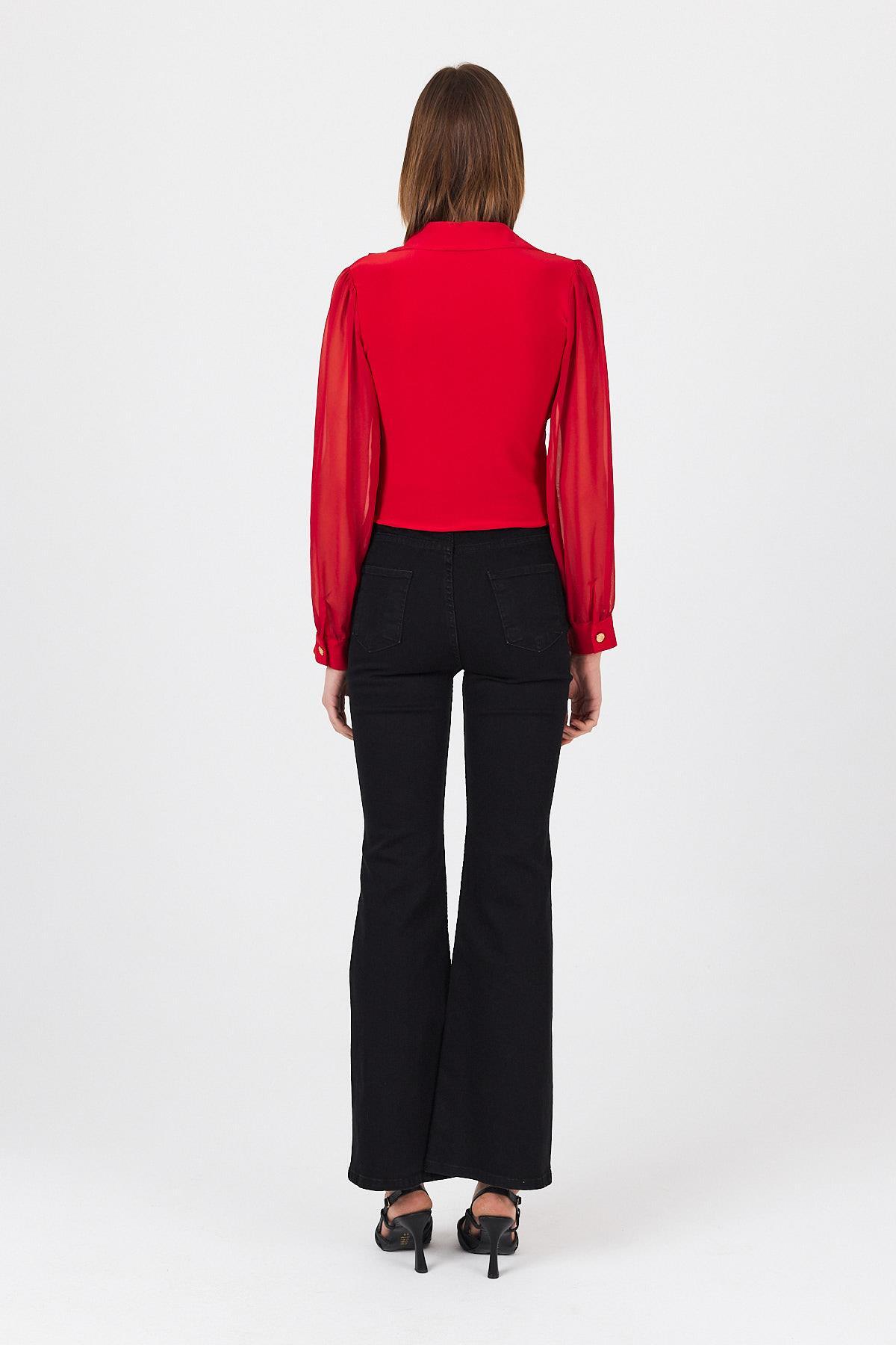 Kırmızı Pileli Gömlek Yaka Düğmeli Bluz 9471 - 5