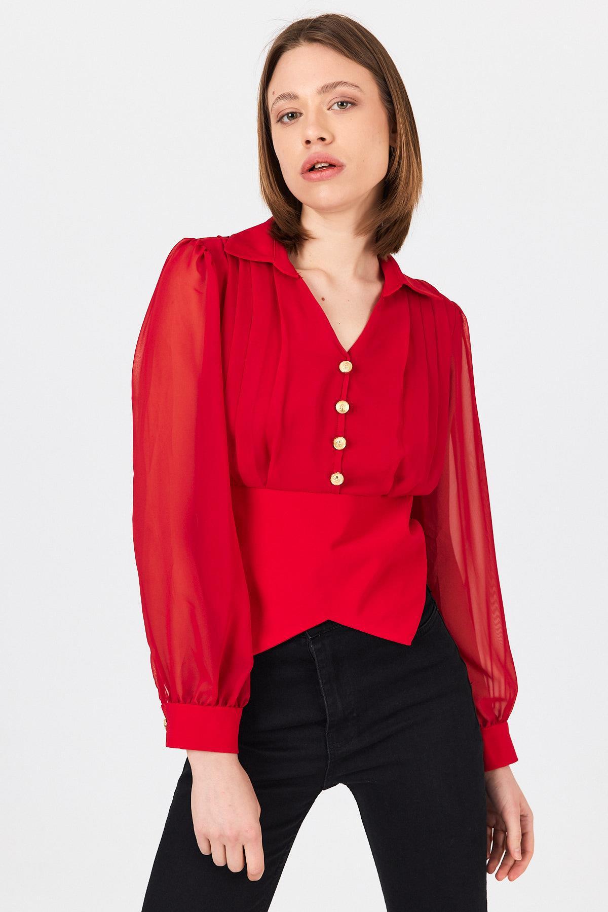 Kırmızı Pileli Gömlek Yaka Düğmeli Bluz 9471 - 7