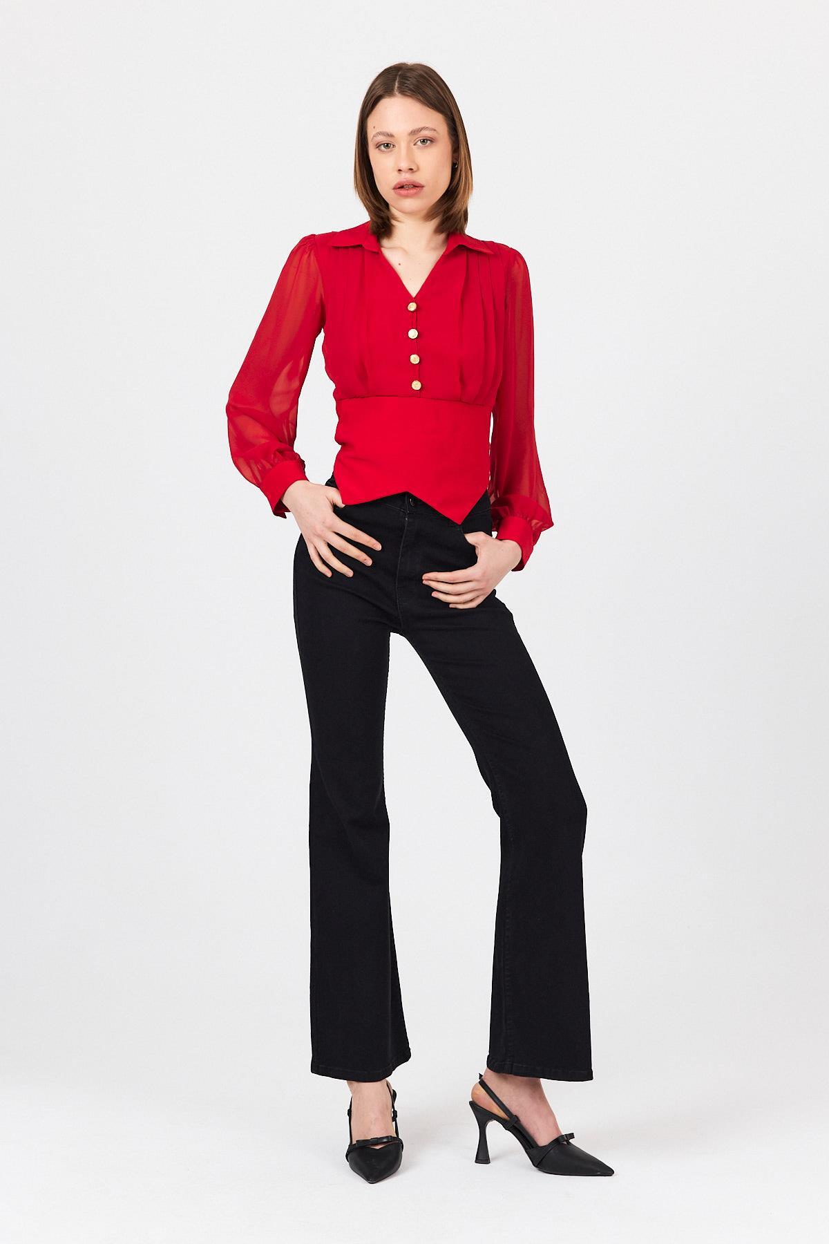 Kırmızı Pileli Gömlek Yaka Düğmeli Bluz 9471 - 8