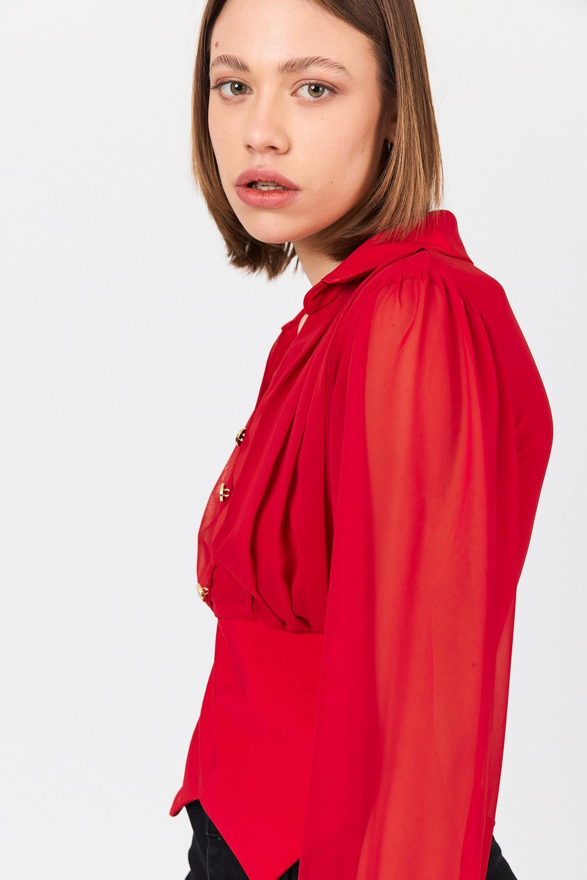 Kırmızı Pileli Gömlek Yaka Düğmeli Bluz 9471 - 6