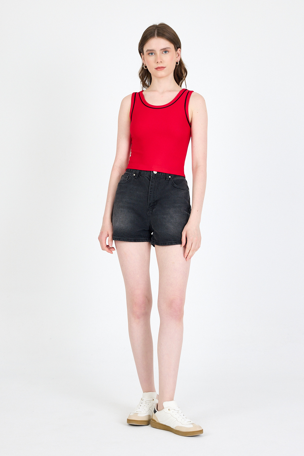 Kırmızı Şerit Detaylı Örme Crop Atlet 1049 - 3