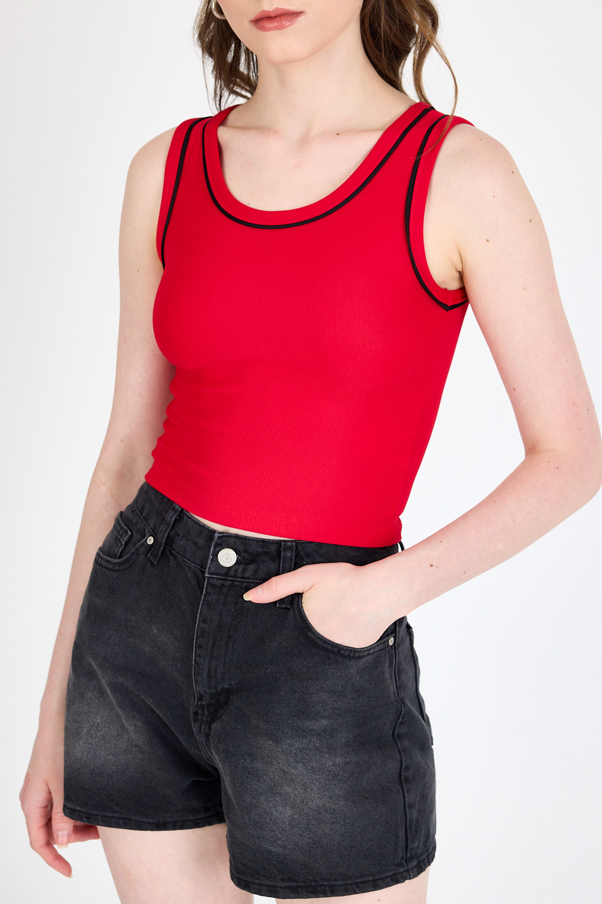 Kırmızı Şerit Detaylı Örme Crop Atlet 1049 - 6