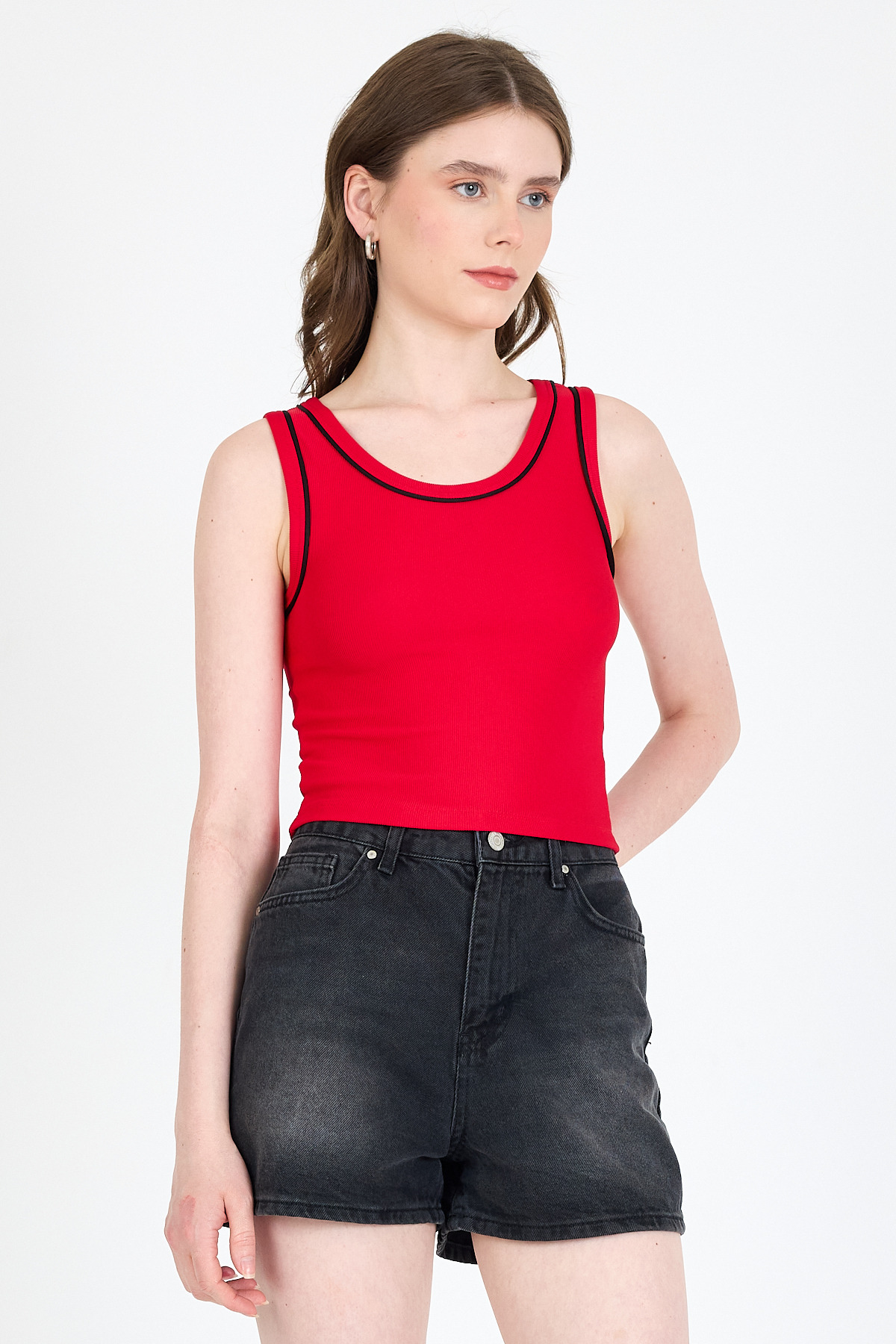 Kırmızı Şerit Detaylı Örme Crop Atlet 1049 - 2