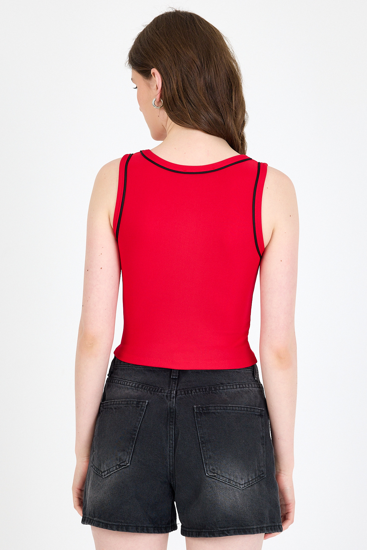 Kırmızı Şerit Detaylı Örme Crop Atlet 1049 - 5