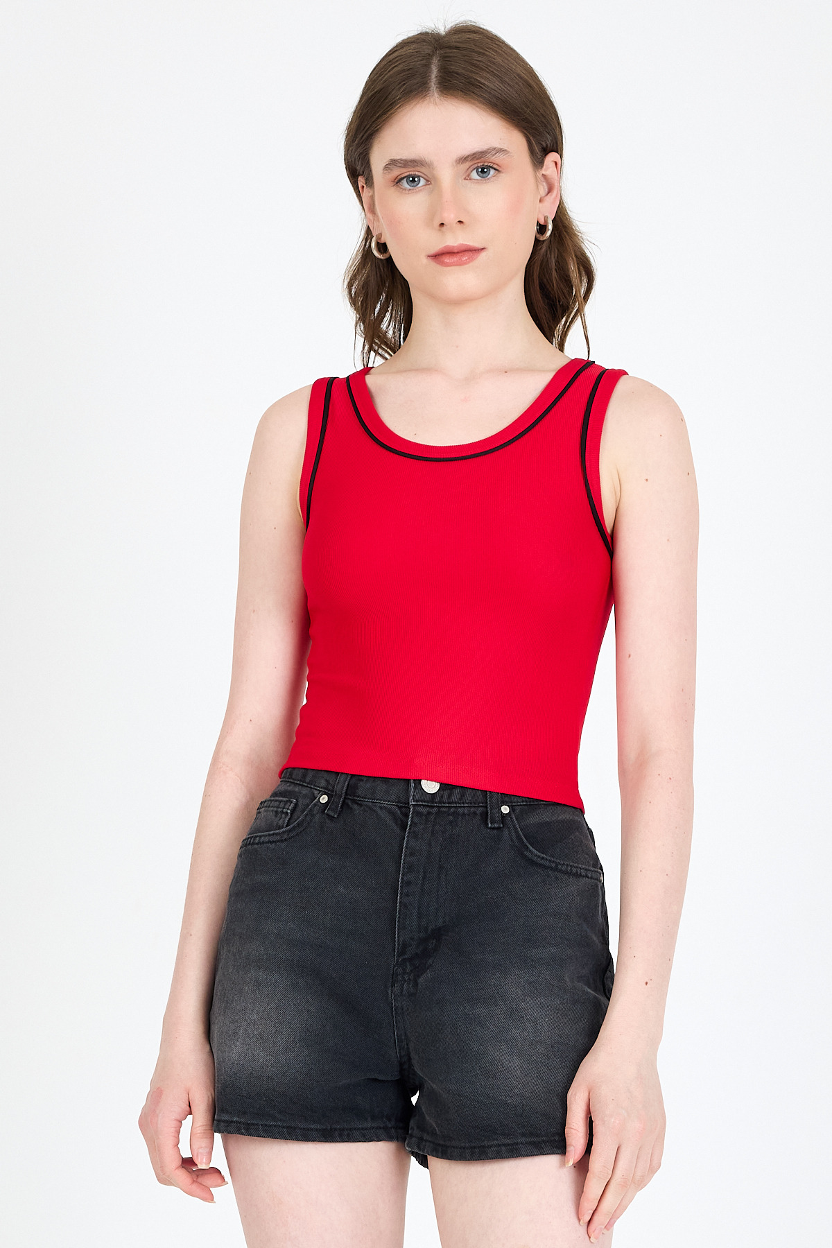 Kırmızı Şerit Detaylı Örme Crop Atlet 1049 - 1