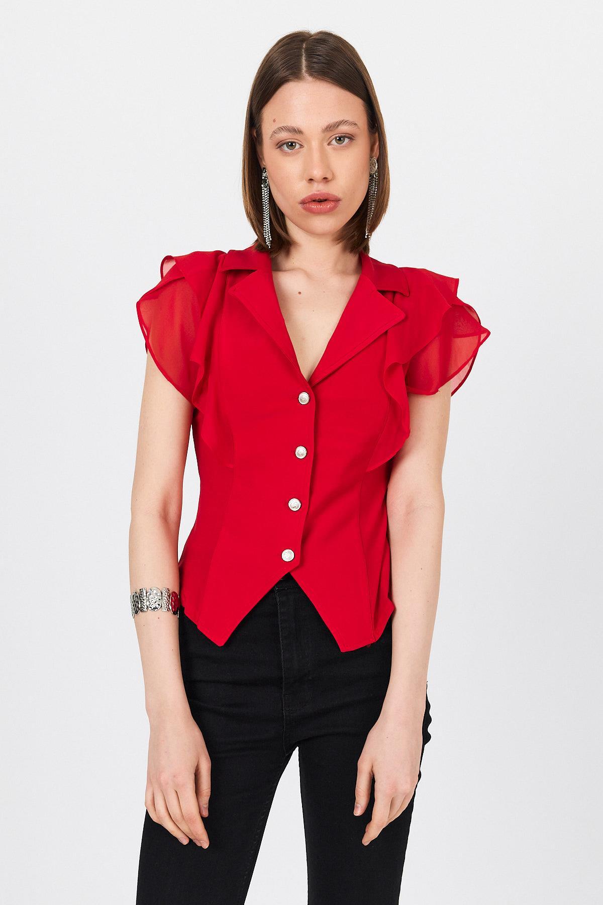 Kırmızı Şifon Kol Detaylı Fırfırlı Düğmeli Bluz 9477 