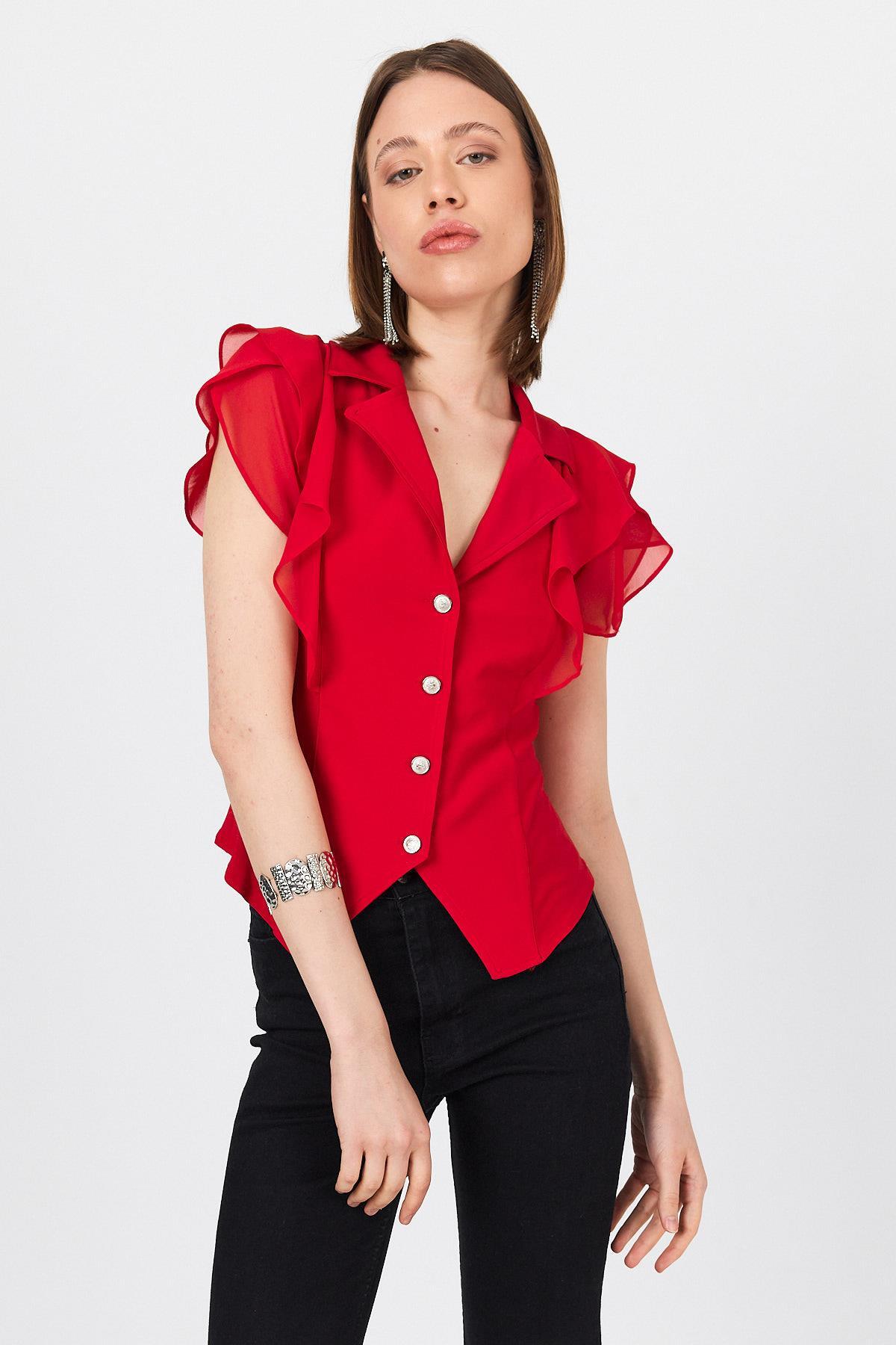 Kırmızı Şifon Kol Detaylı Fırfırlı Düğmeli Bluz 9477 - 3