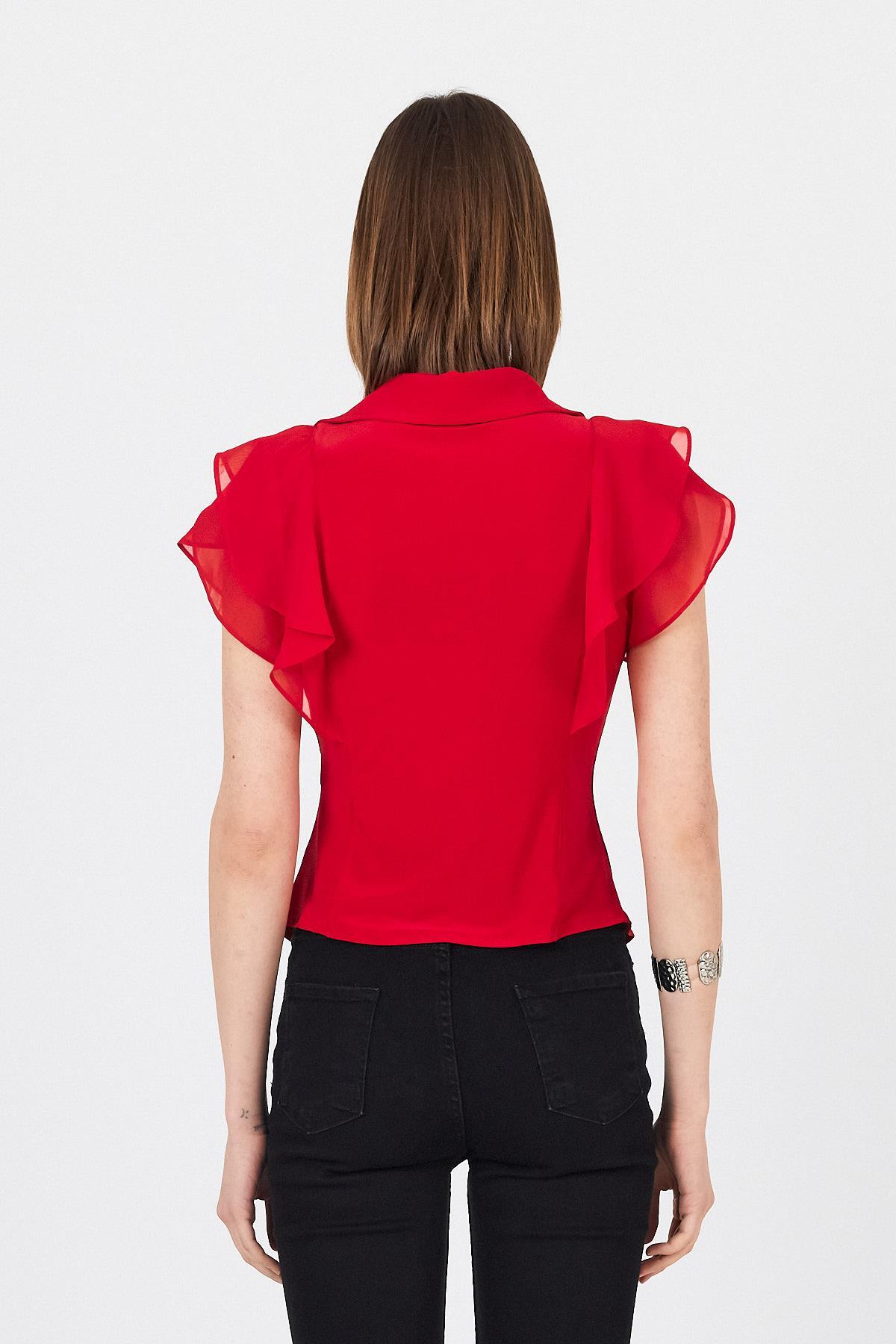Kırmızı Şifon Kol Detaylı Fırfırlı Düğmeli Bluz 9477 - 5
