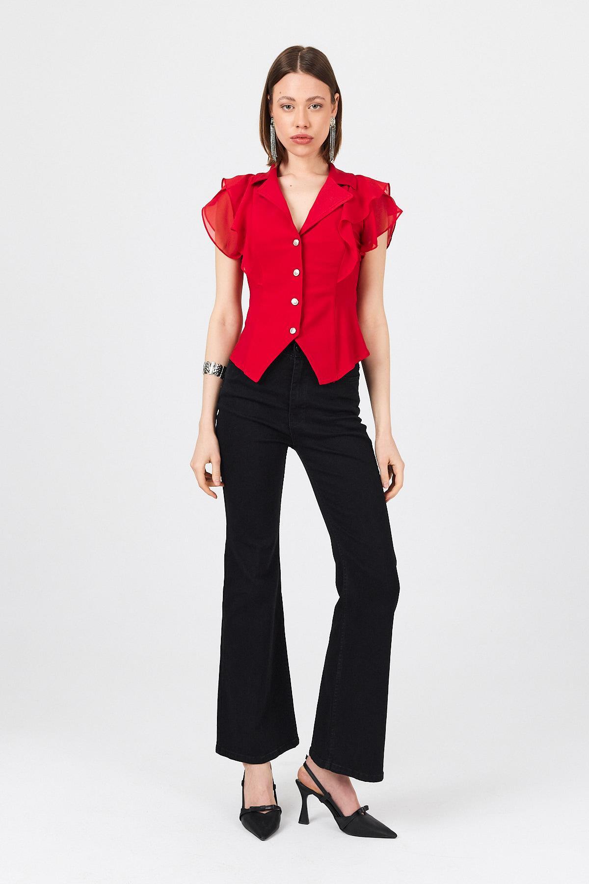 Kırmızı Şifon Kol Detaylı Fırfırlı Düğmeli Bluz 9477 - 2